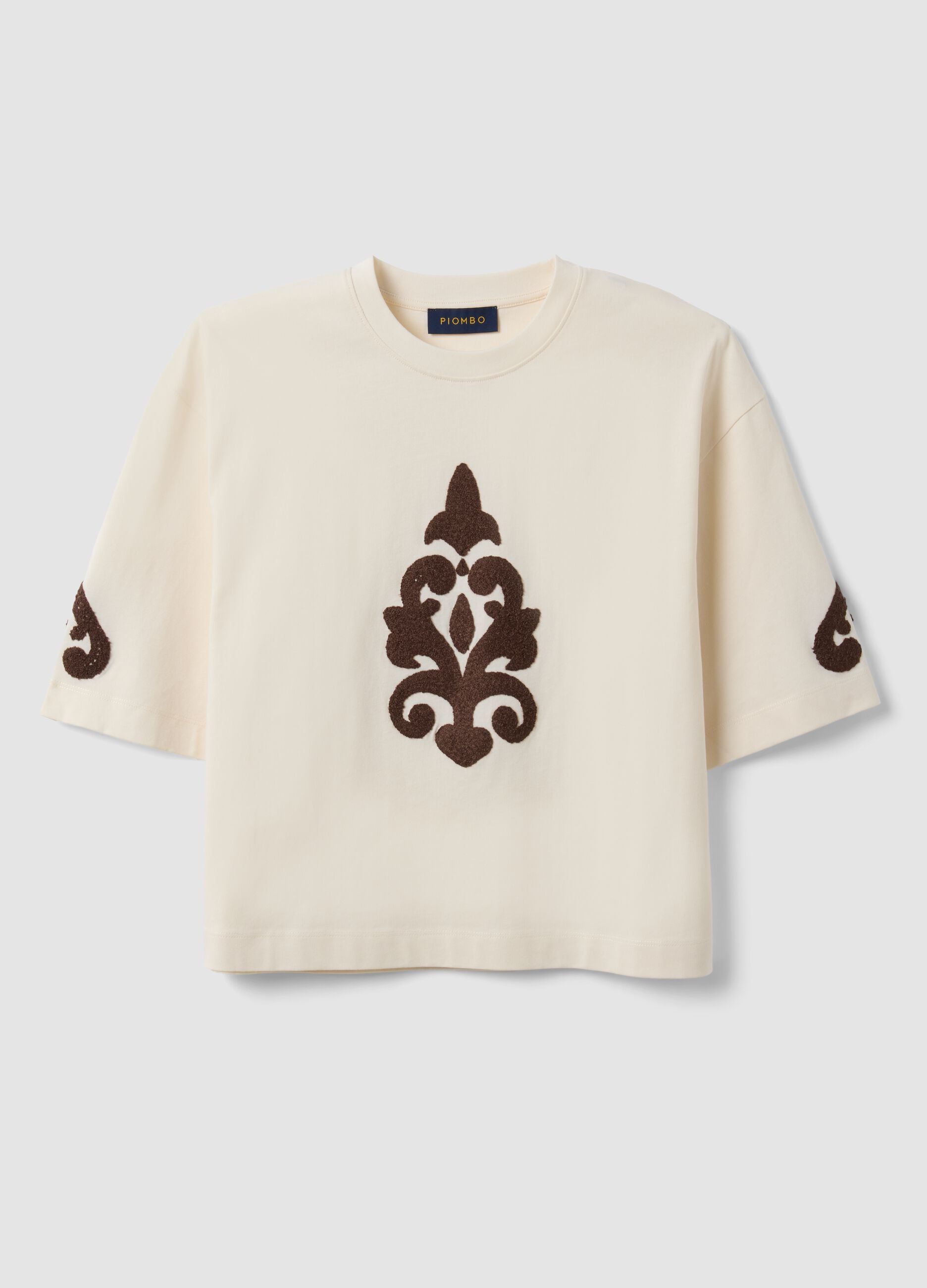 T-shirt beige in puro cotone con ricami regular fit