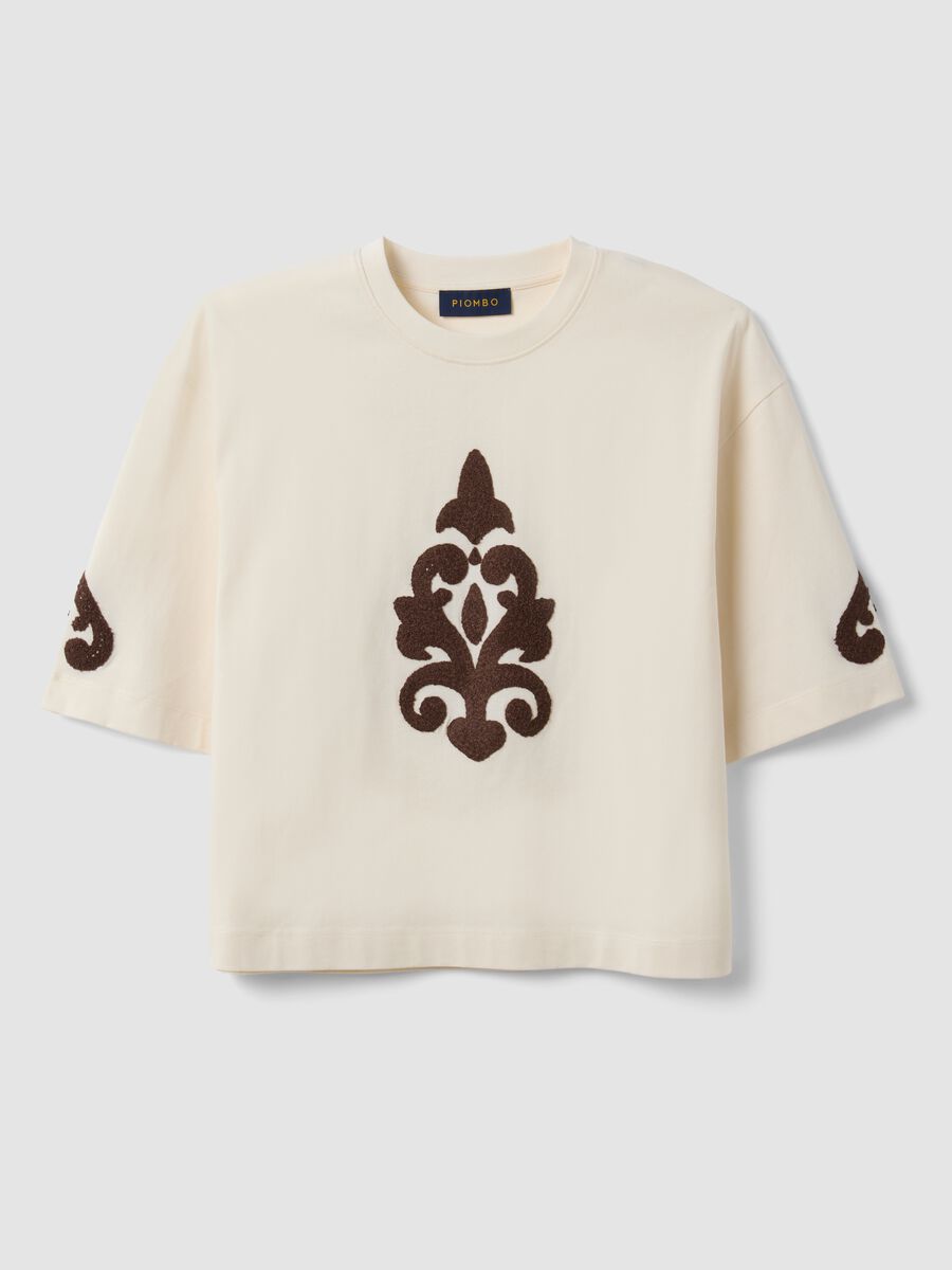 Beige pure cotton T-shirt with embroidery, regular fit_0