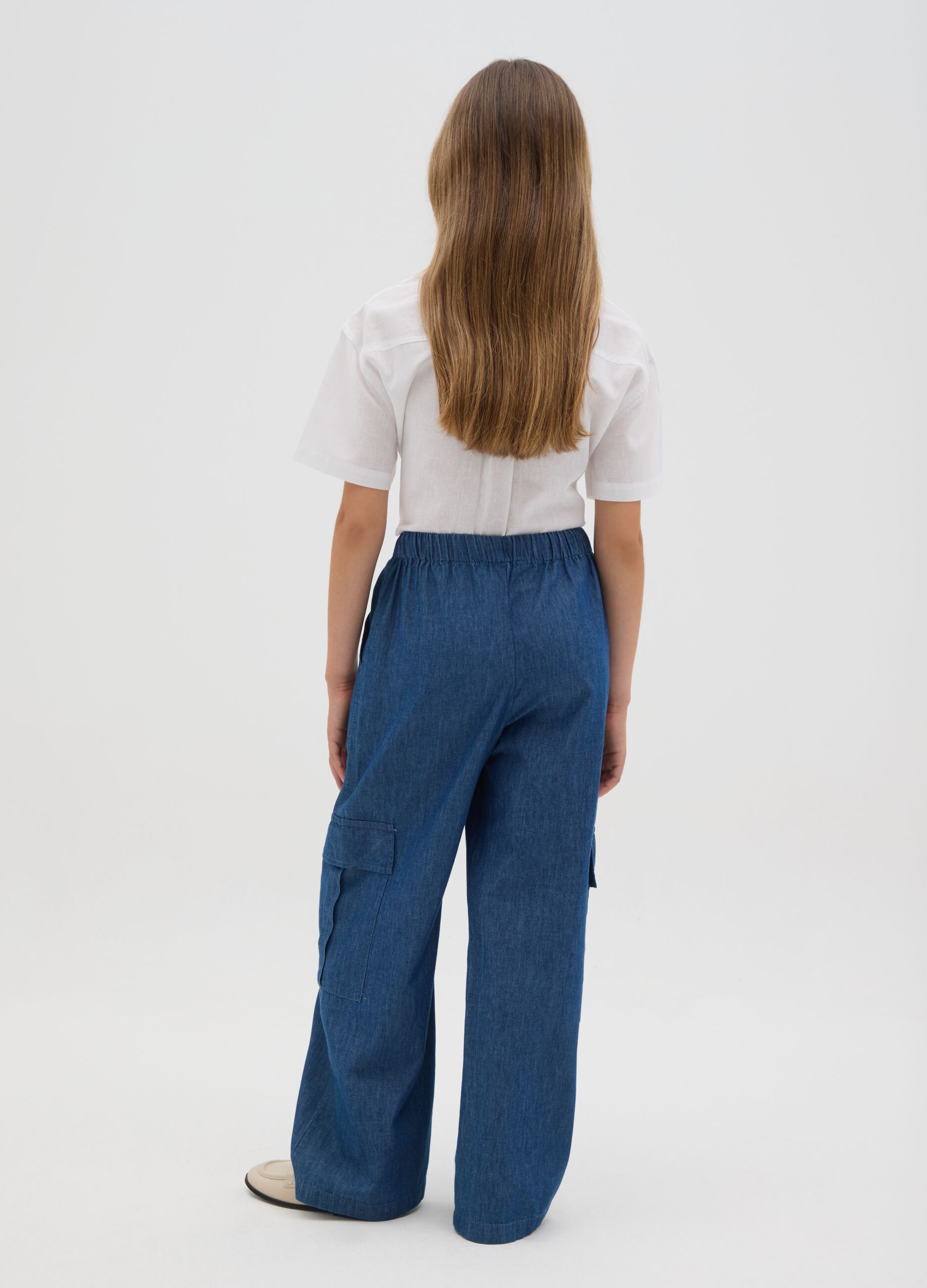 Girls' wide blue cargo trousers in pure cotton