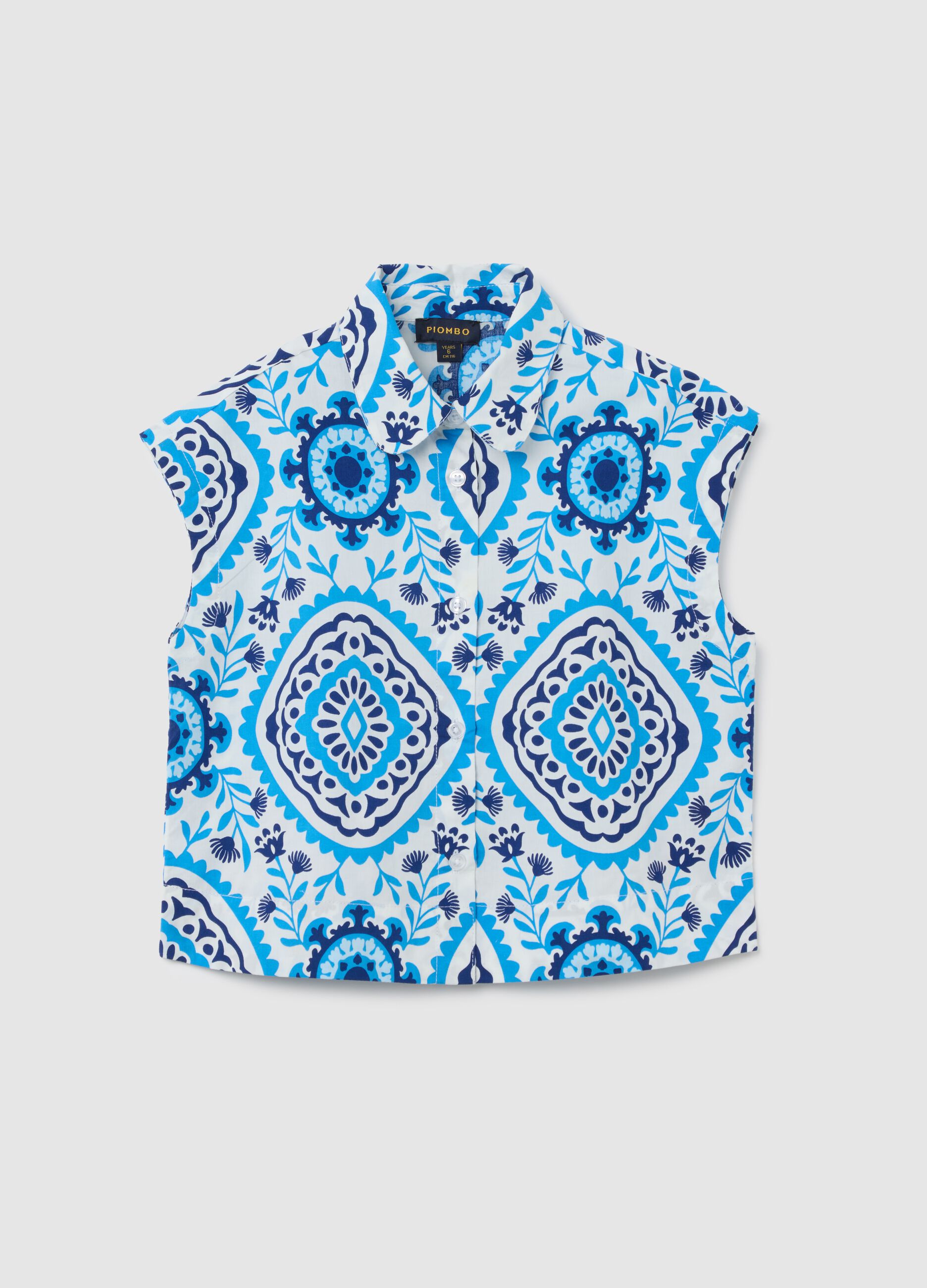 Sleeveless girl's shirt in multicolour pure cotton with print