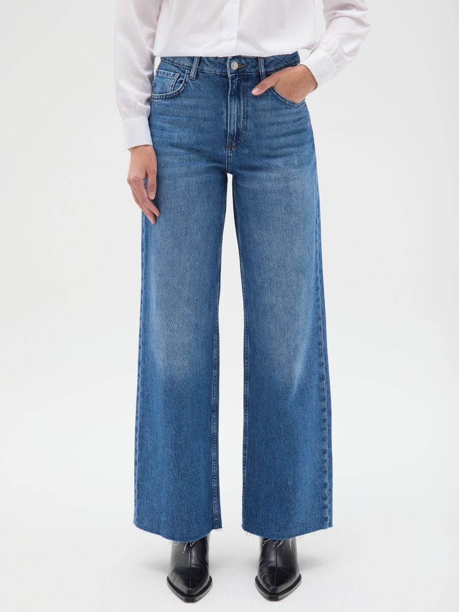 Wide leg blue jeans in pure cotton_1