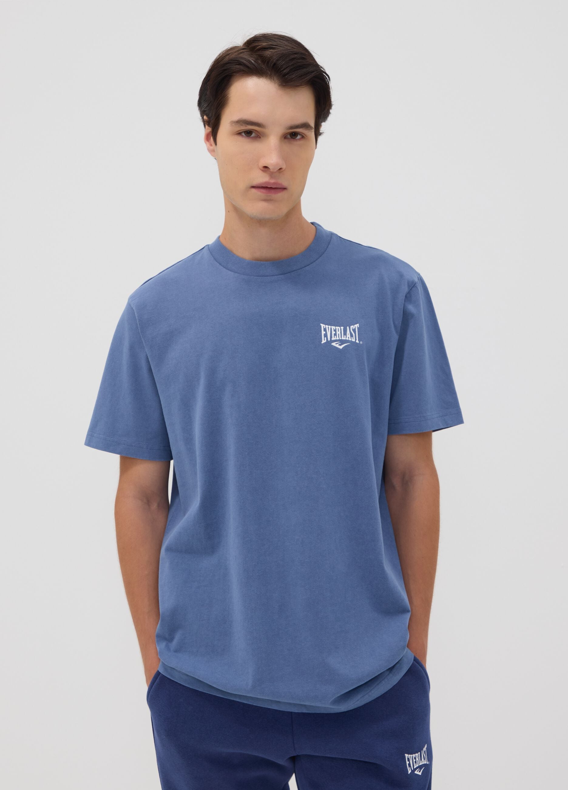 Blue pure cotton short-sleeve logo T-shirt