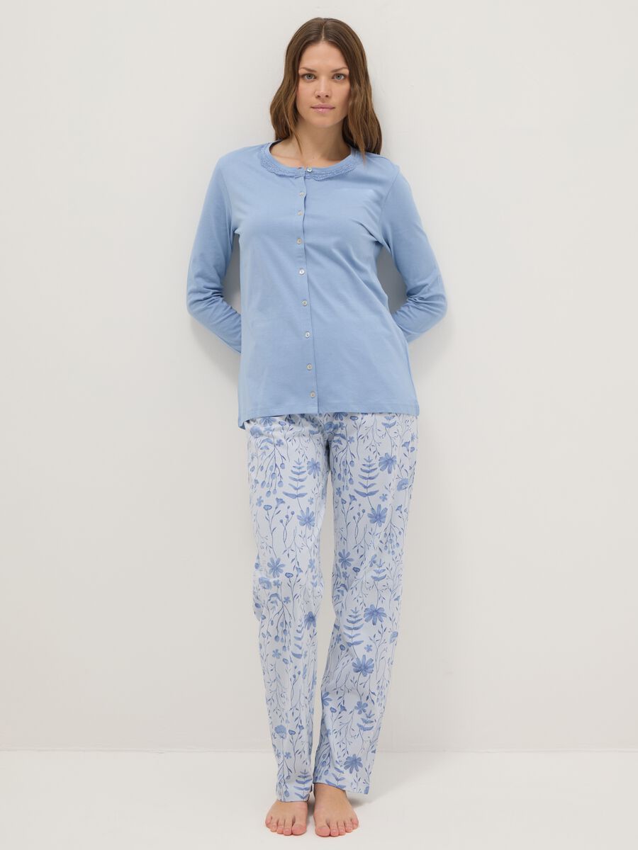Blue pyjamas in pure cotton regular fit with floral details_0
