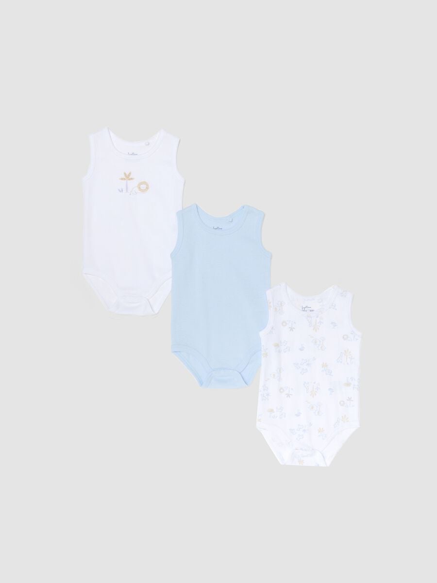 Multicolour sleeveless cotton bodysuit tripack for newborns_0