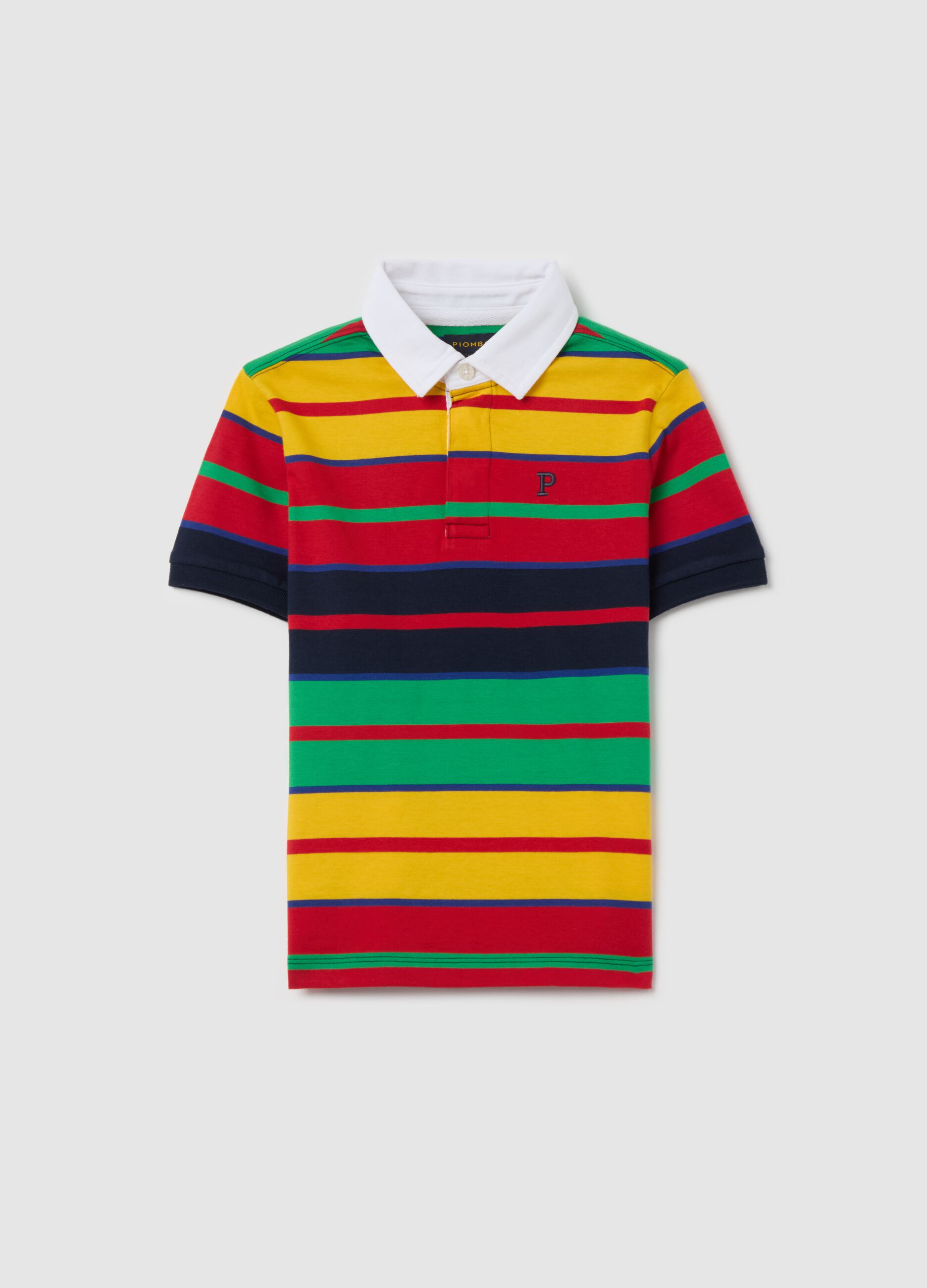 Cotton polo shirt with multicoloured stripes and logo embroidery