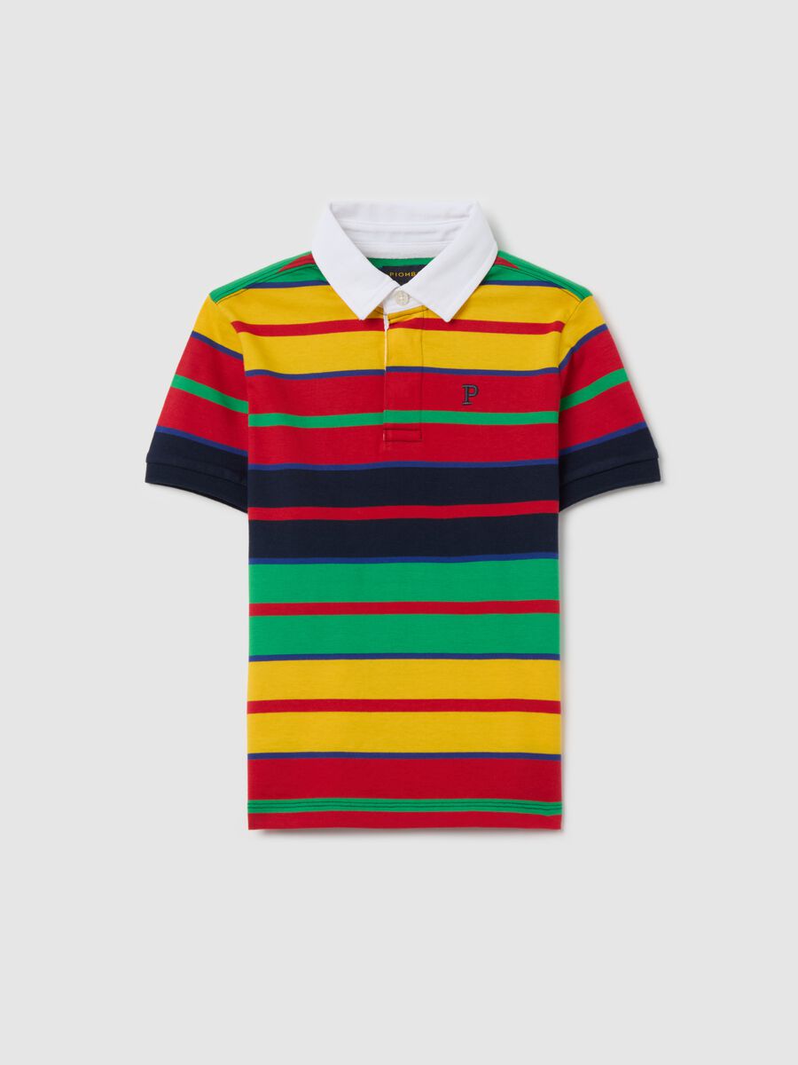 Cotton polo shirt with multicoloured stripes and logo embroidery_3