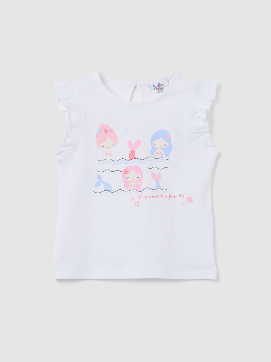 White tank top in cotton with print and flounce_0