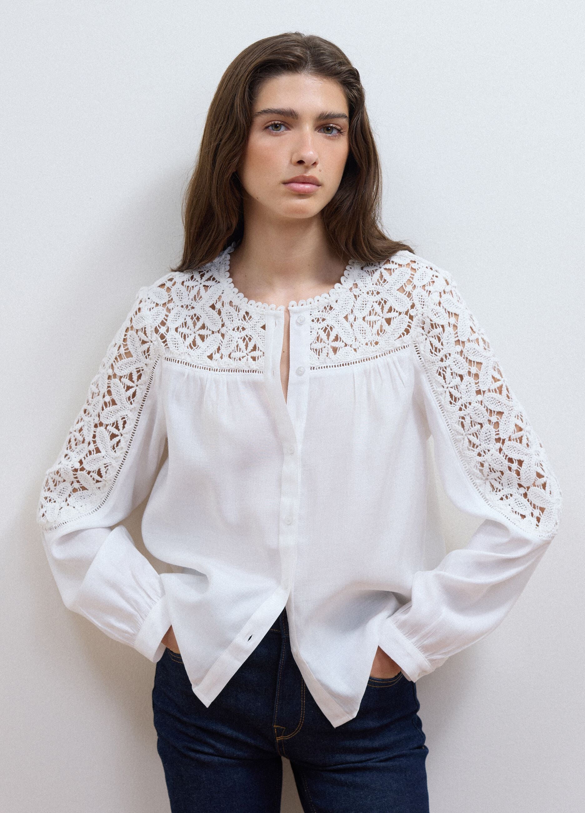White regular-fit viscose-blend shirt with lace inserts