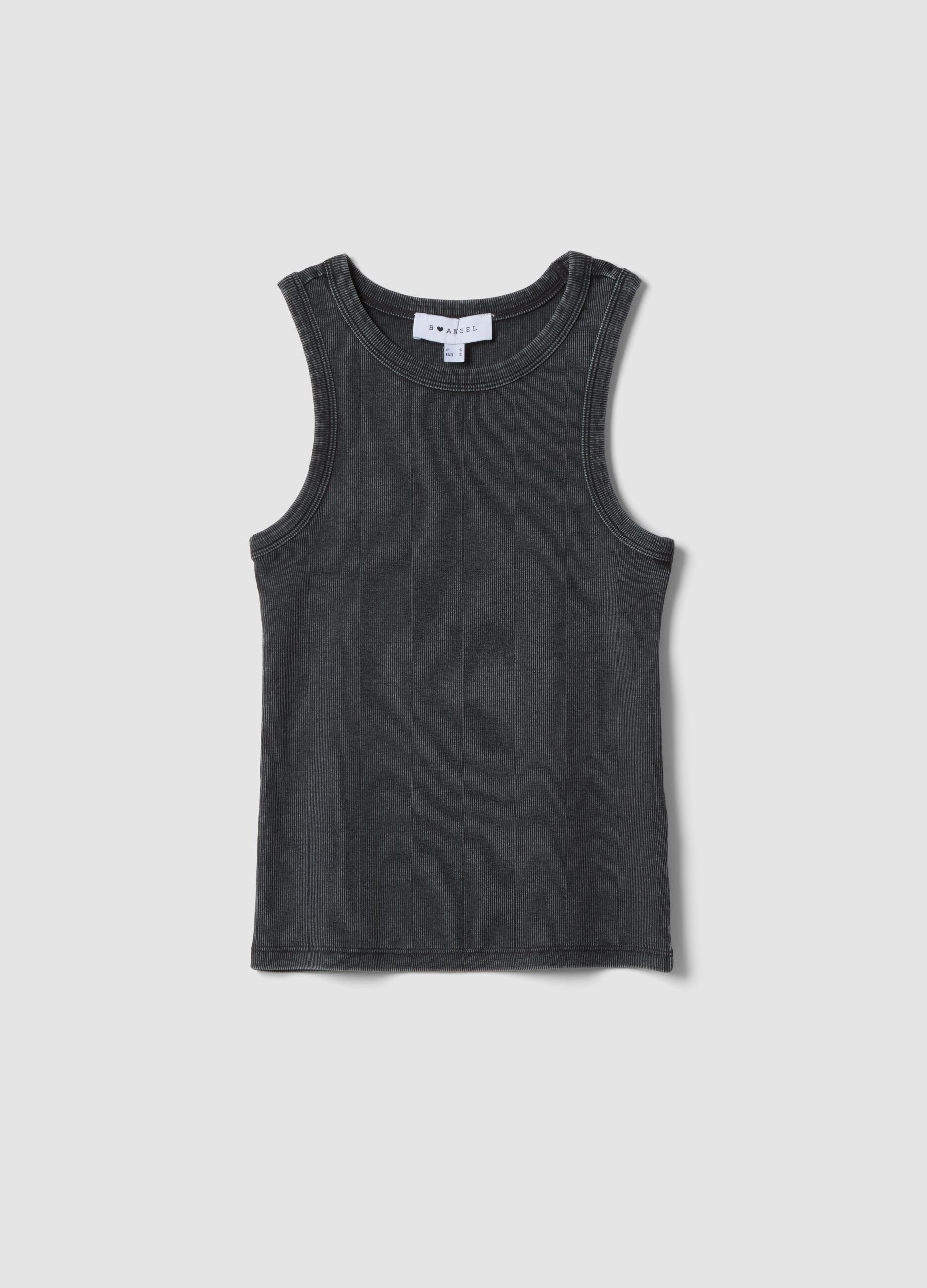 Grey ribbed stretch-cotton fitted tank top