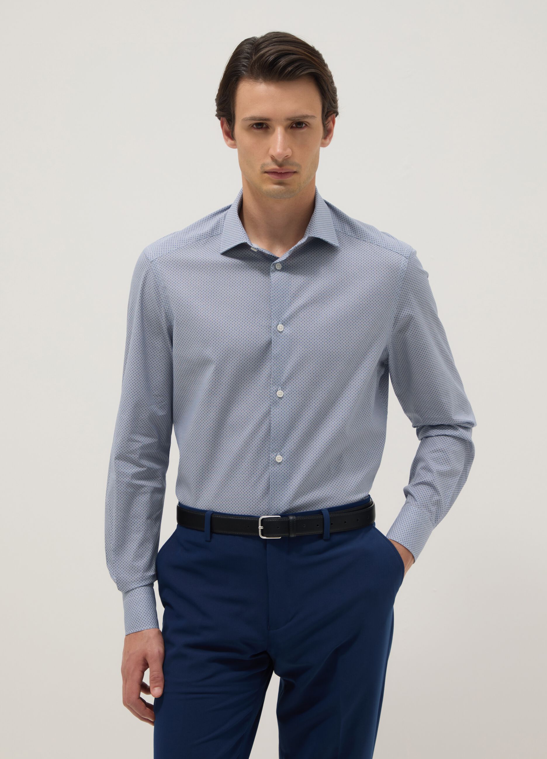 Slim fit blue stretch cotton shirt with micro checks