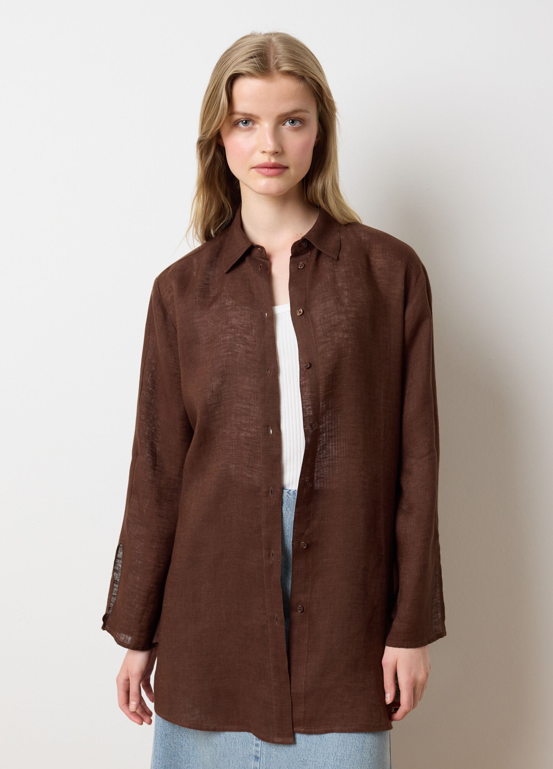 Women's long brown linen oversized shirt