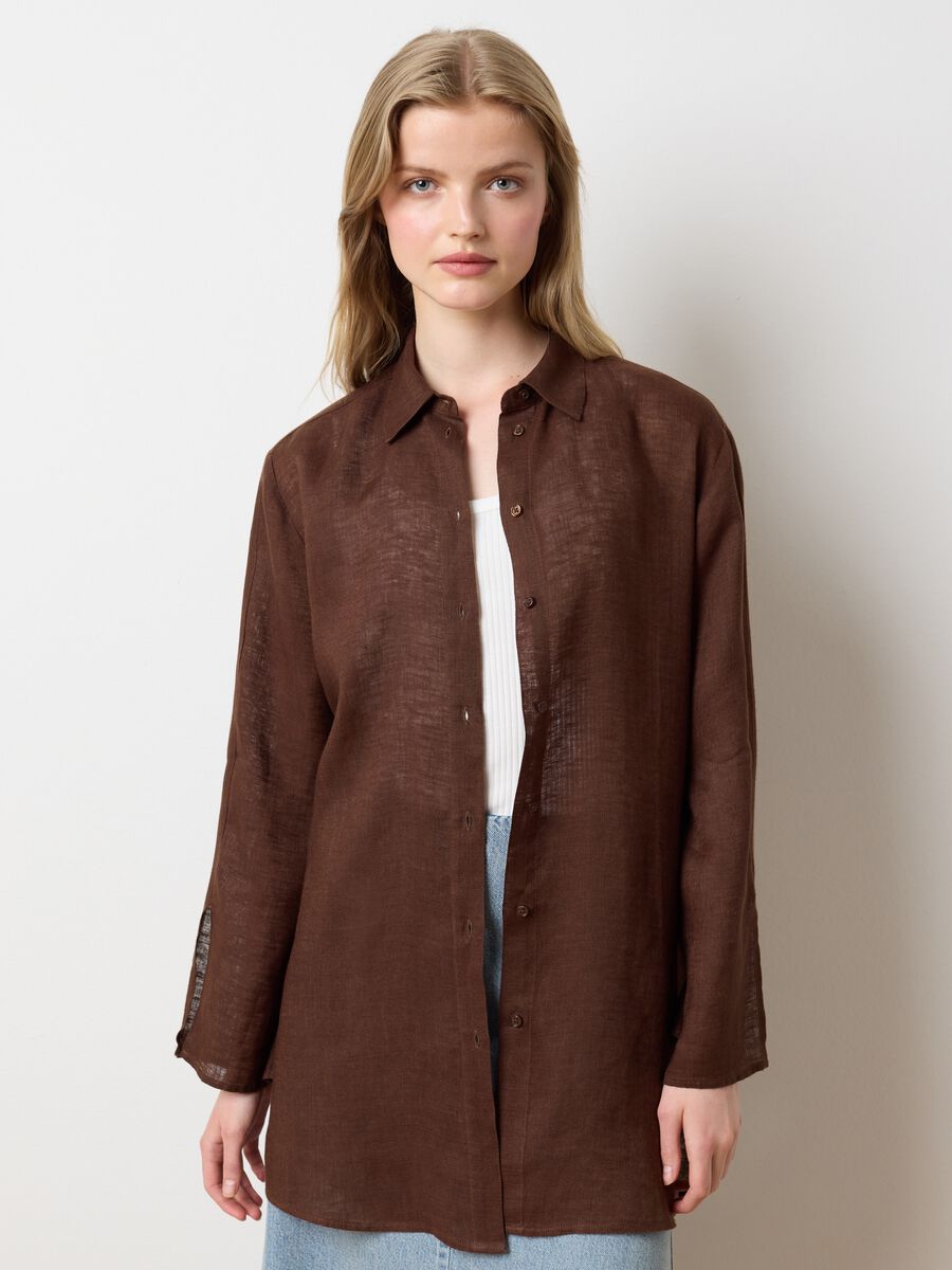 Women's long brown linen oversized shirt_1