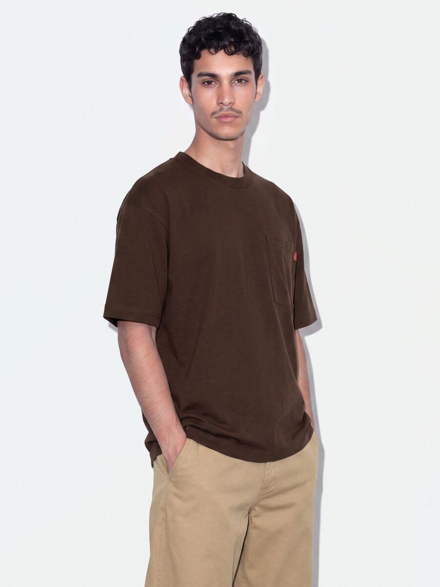Brown pure cotton T-shirt with chest pocket, boxy fit_0