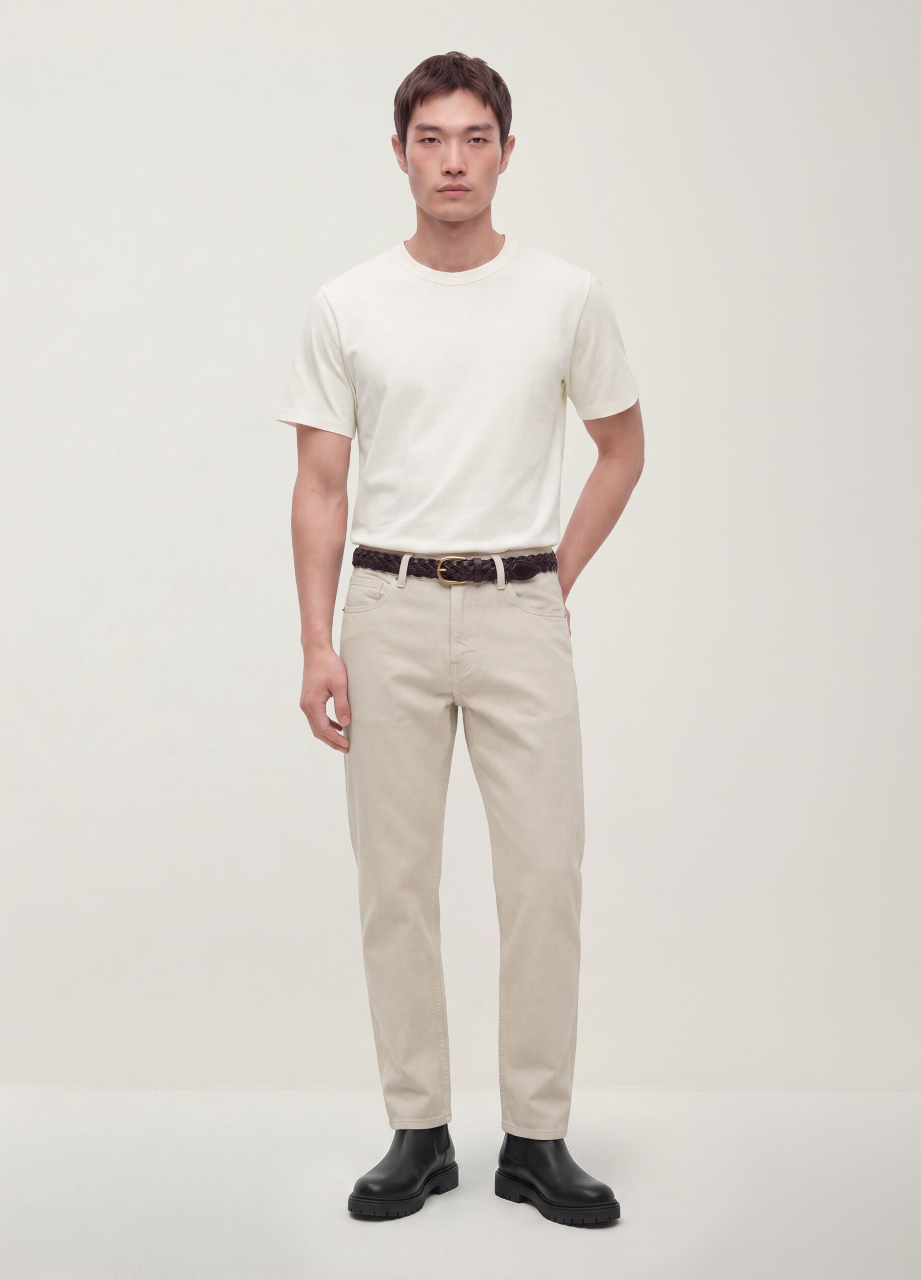 Beige pure cotton twill straight-fit jeans