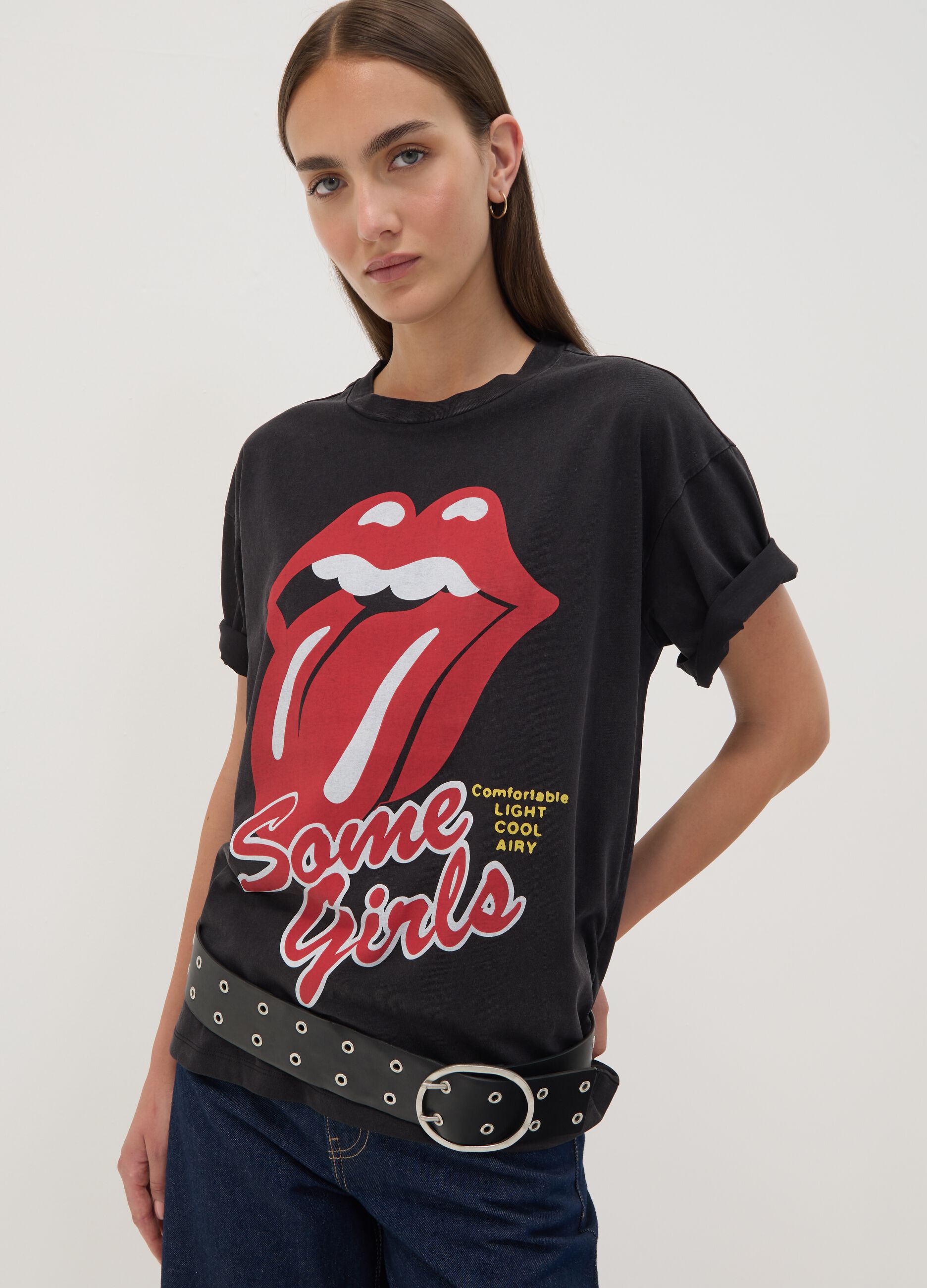 Black pure cotton T-shirt with The Rolling Stones print