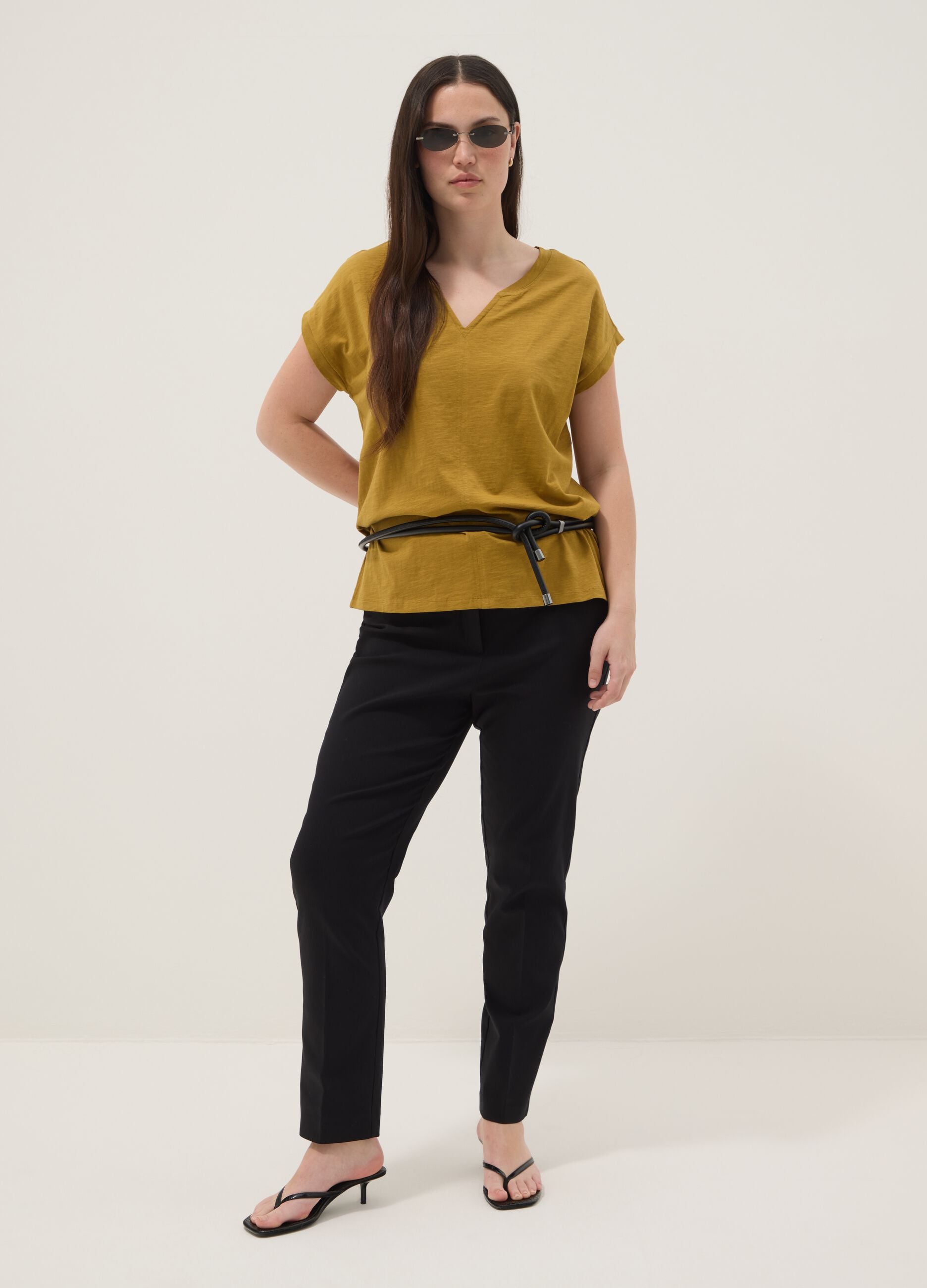 Yellow pure cotton regular fit V-neck T-shirt