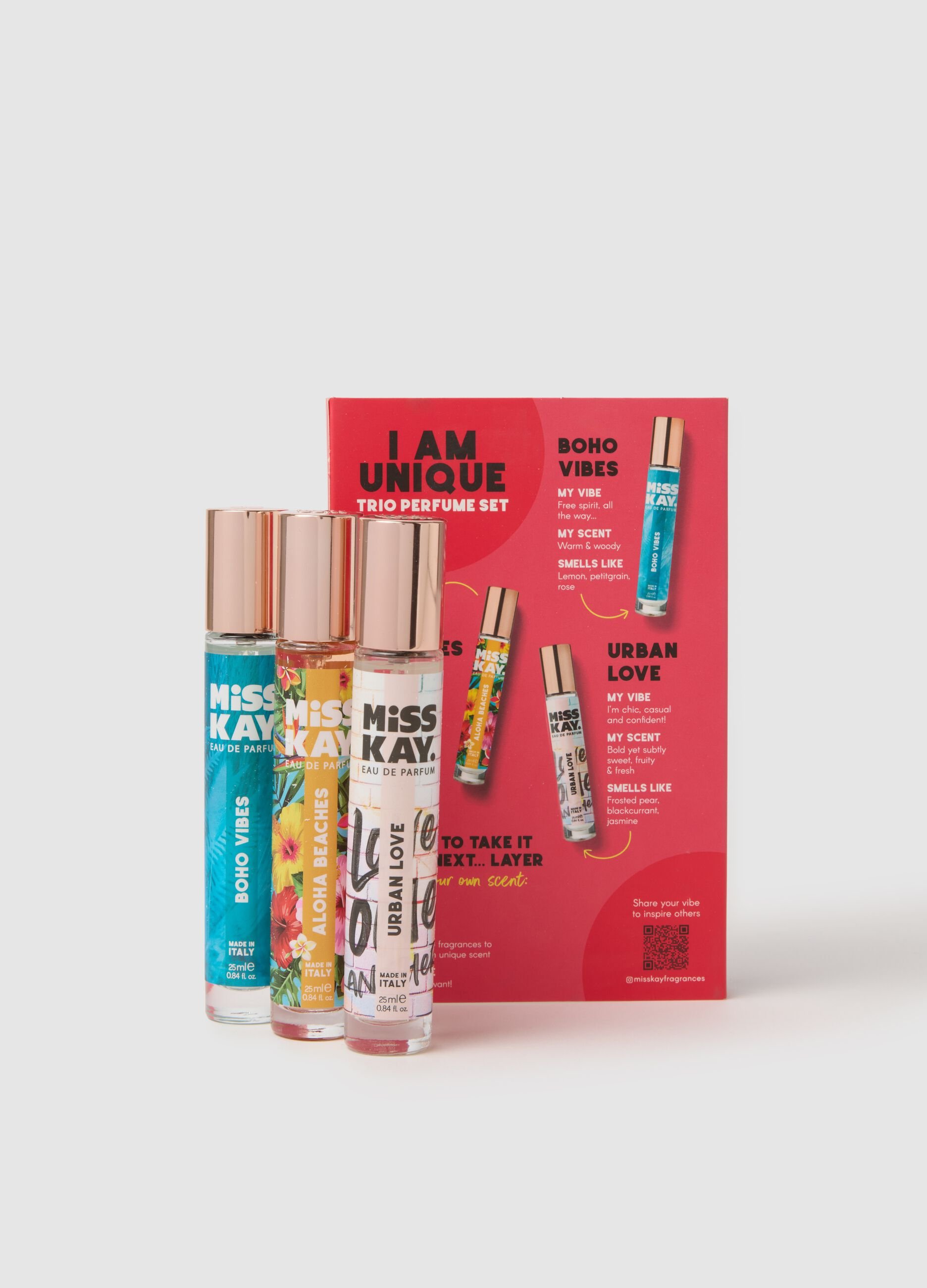 Trio profumi di Miss Kay, Urban Love, Aloha Beaches e Boho vibes