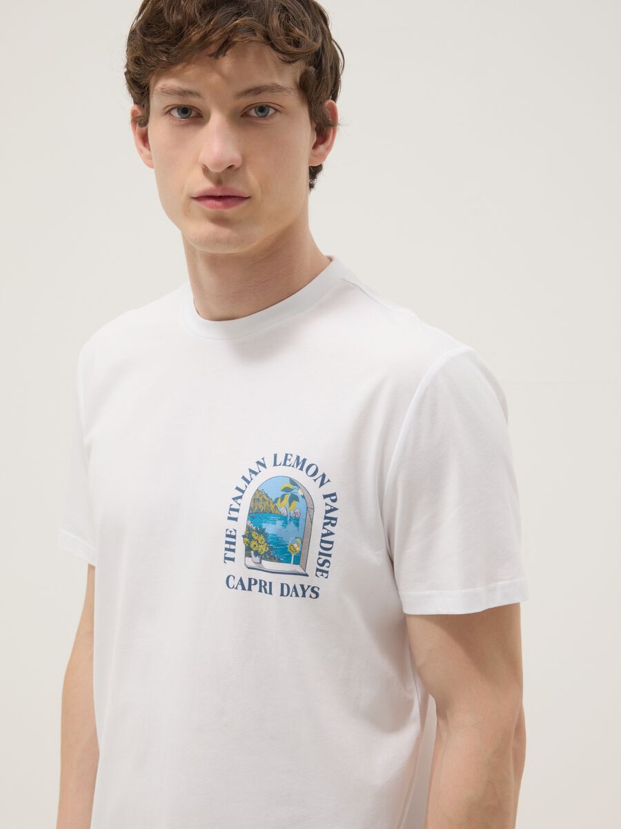 White pure cotton T-shirt with chest print, regular fit_0