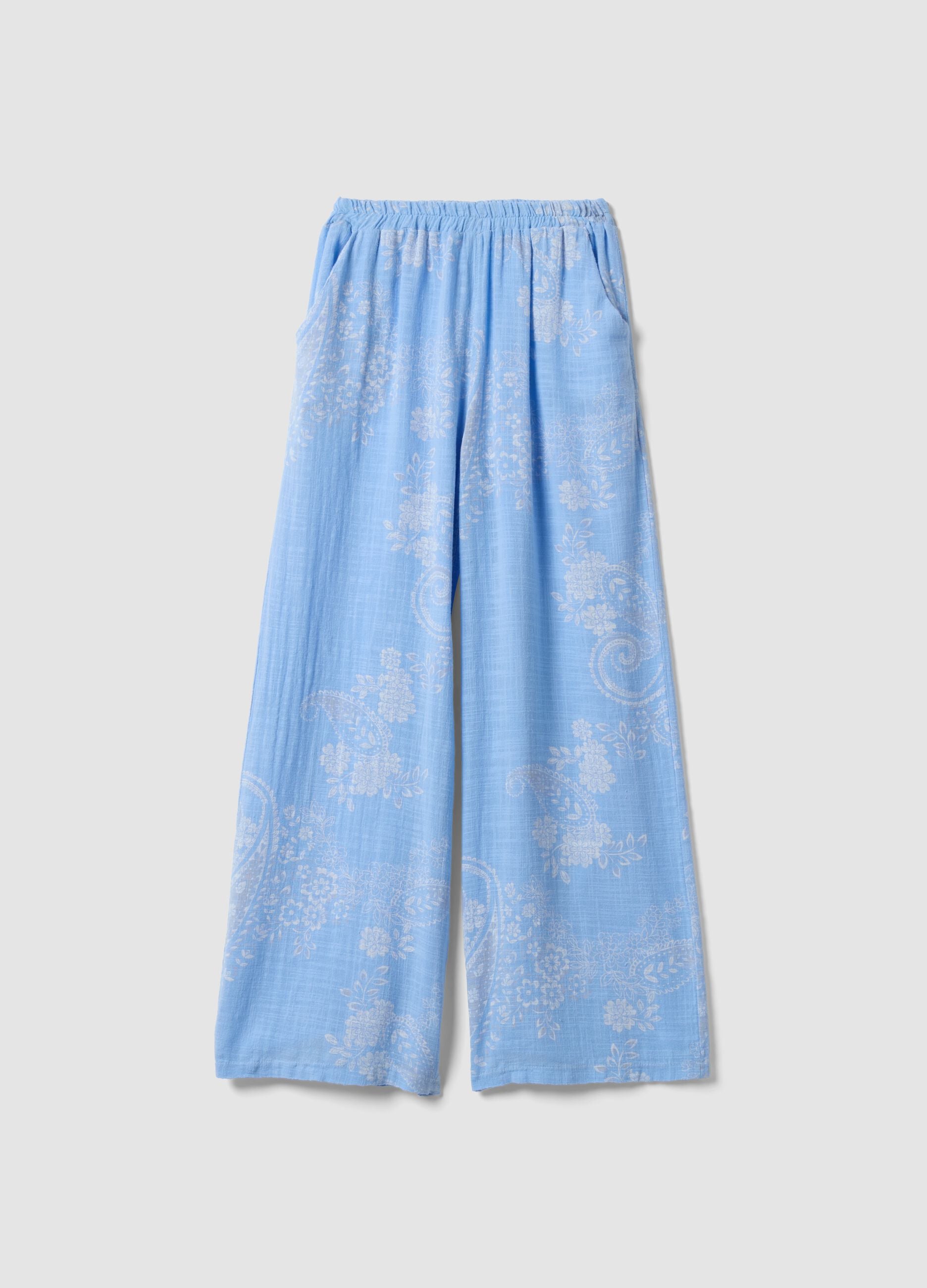 Light Blue Wide-Leg Pure Cotton Paisley Print Trousers &ndash; Regular Fit