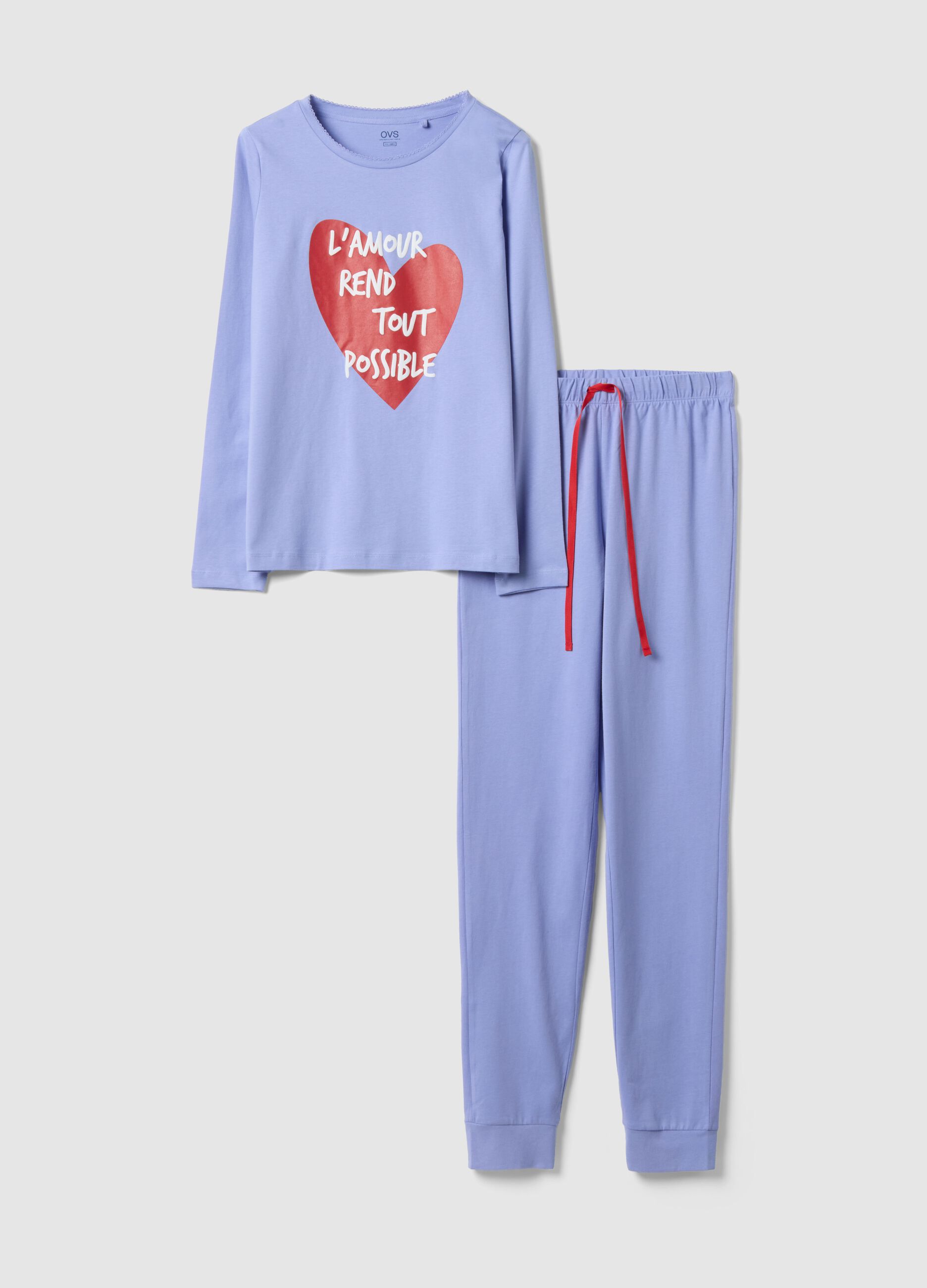 Pigiama in puro cotone viola regular fit con cuore