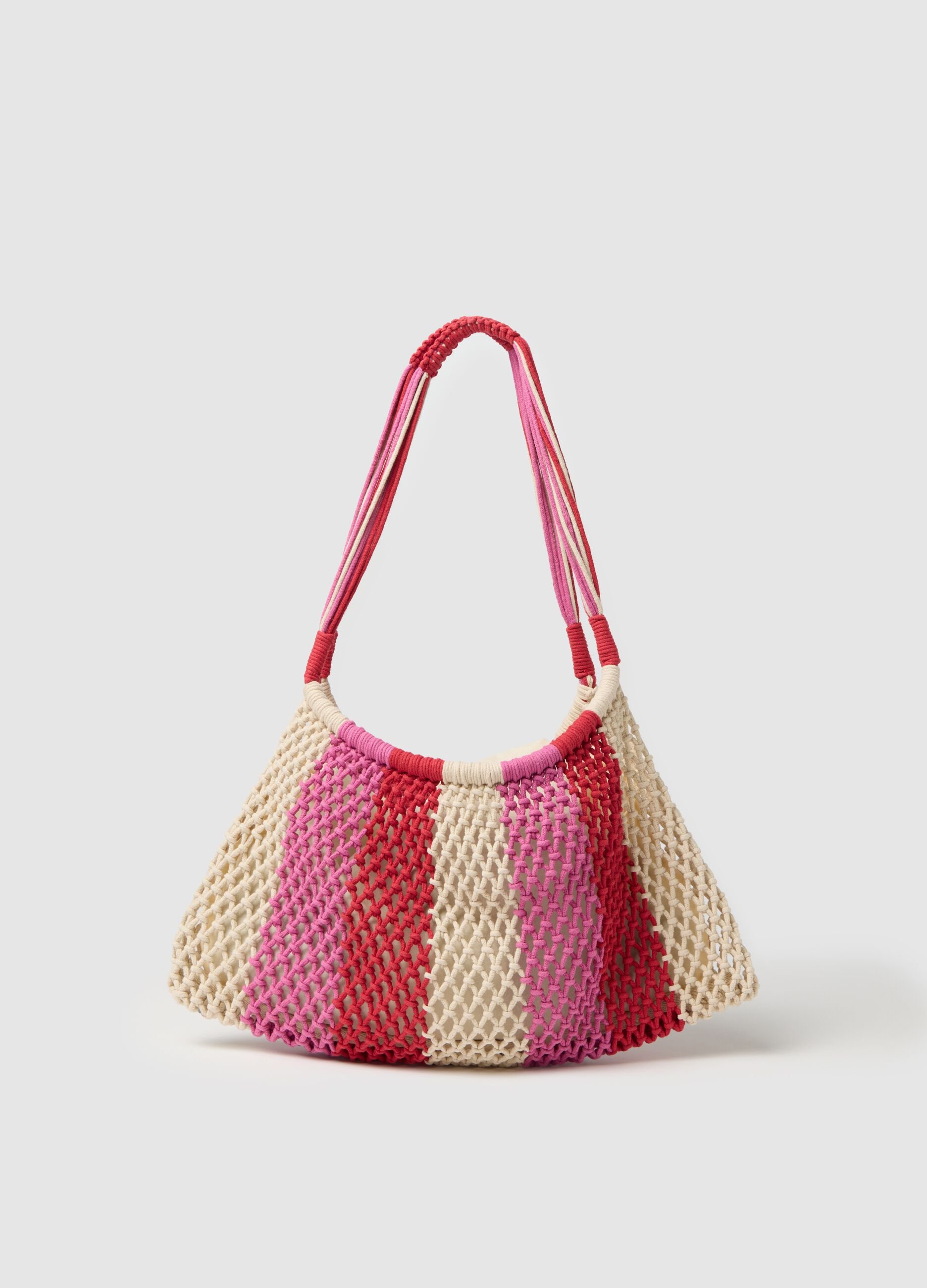 Borsa mare da donna in cotone multicolor con tracolla intrecciata