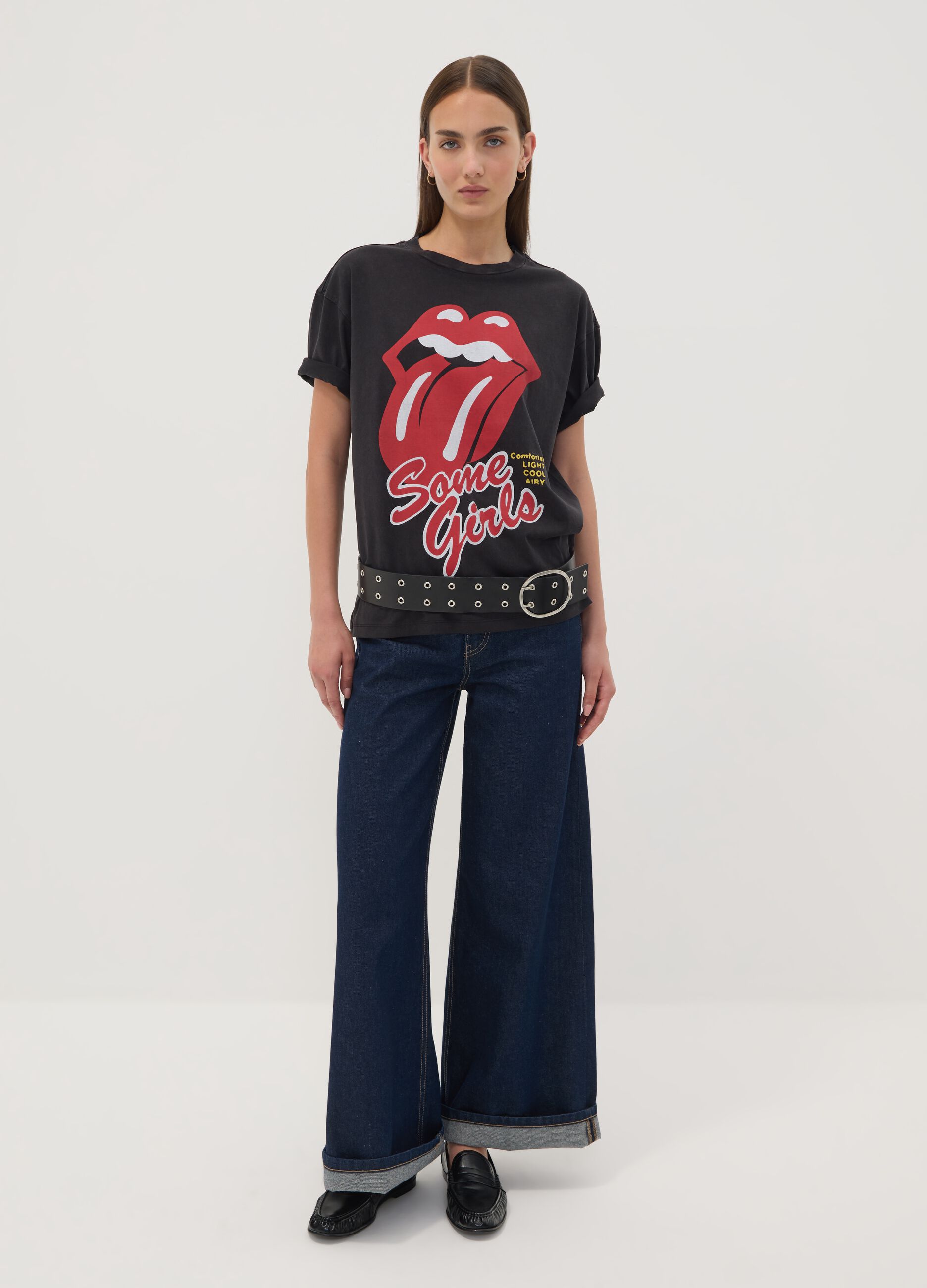 Black pure cotton T-shirt with The Rolling Stones print