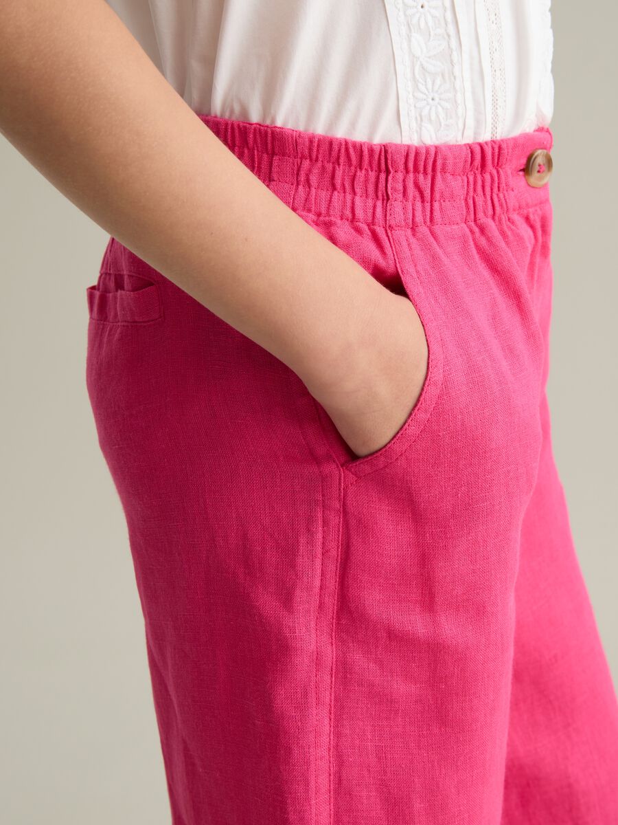 Girls' pure linen wide leg pink trousers_3
