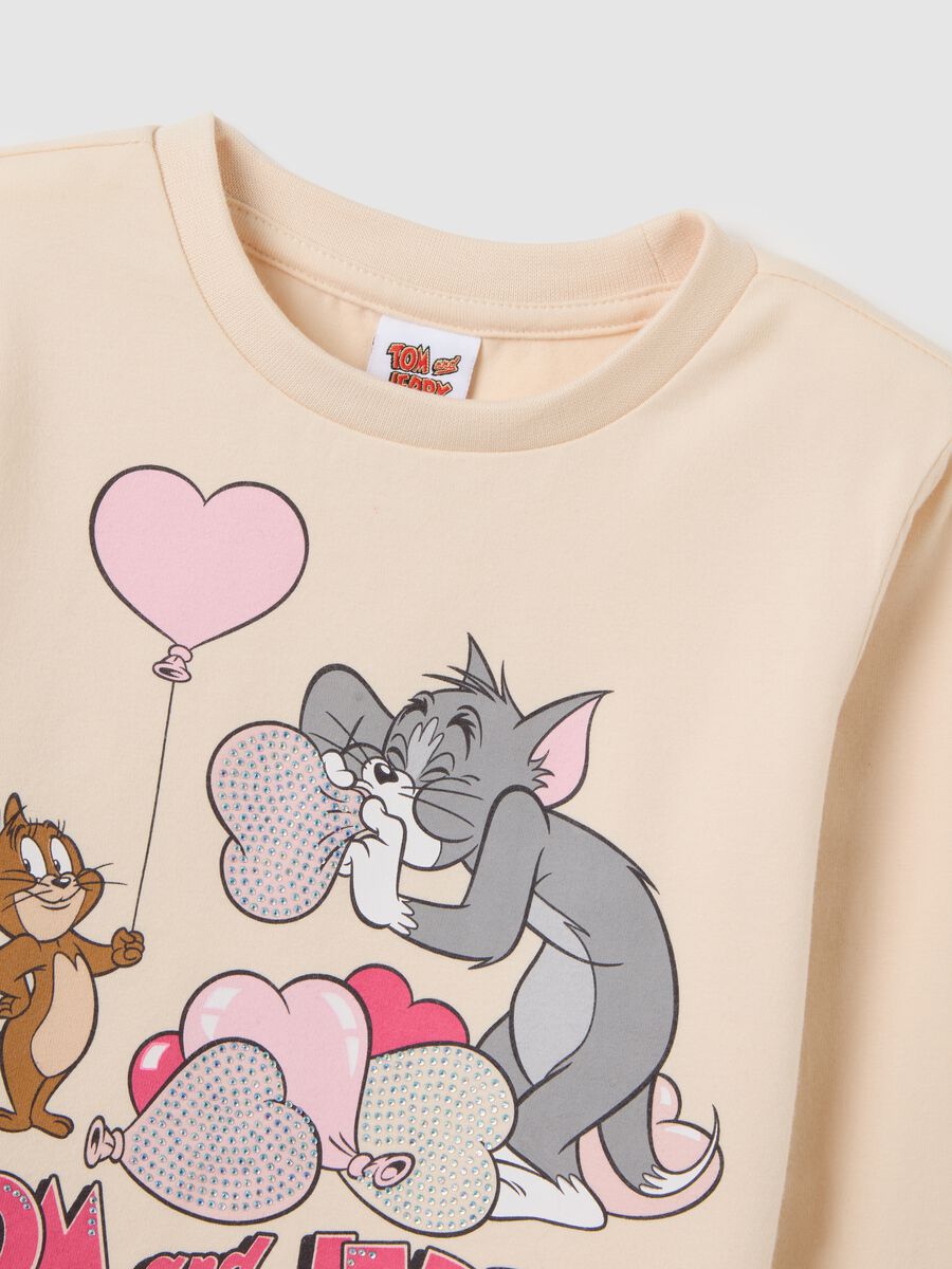 Beige cotton girl's sweater regular fit with Tom and Jerry print_2