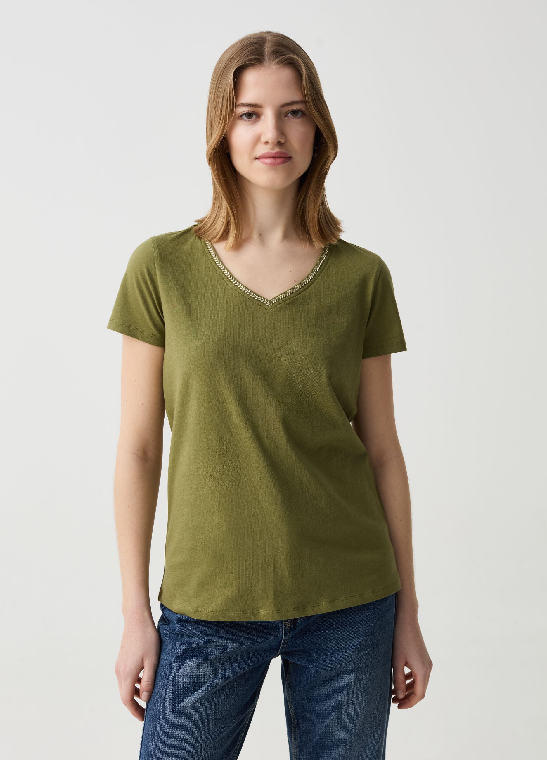 T-shirt with V neck and lurex embroidery