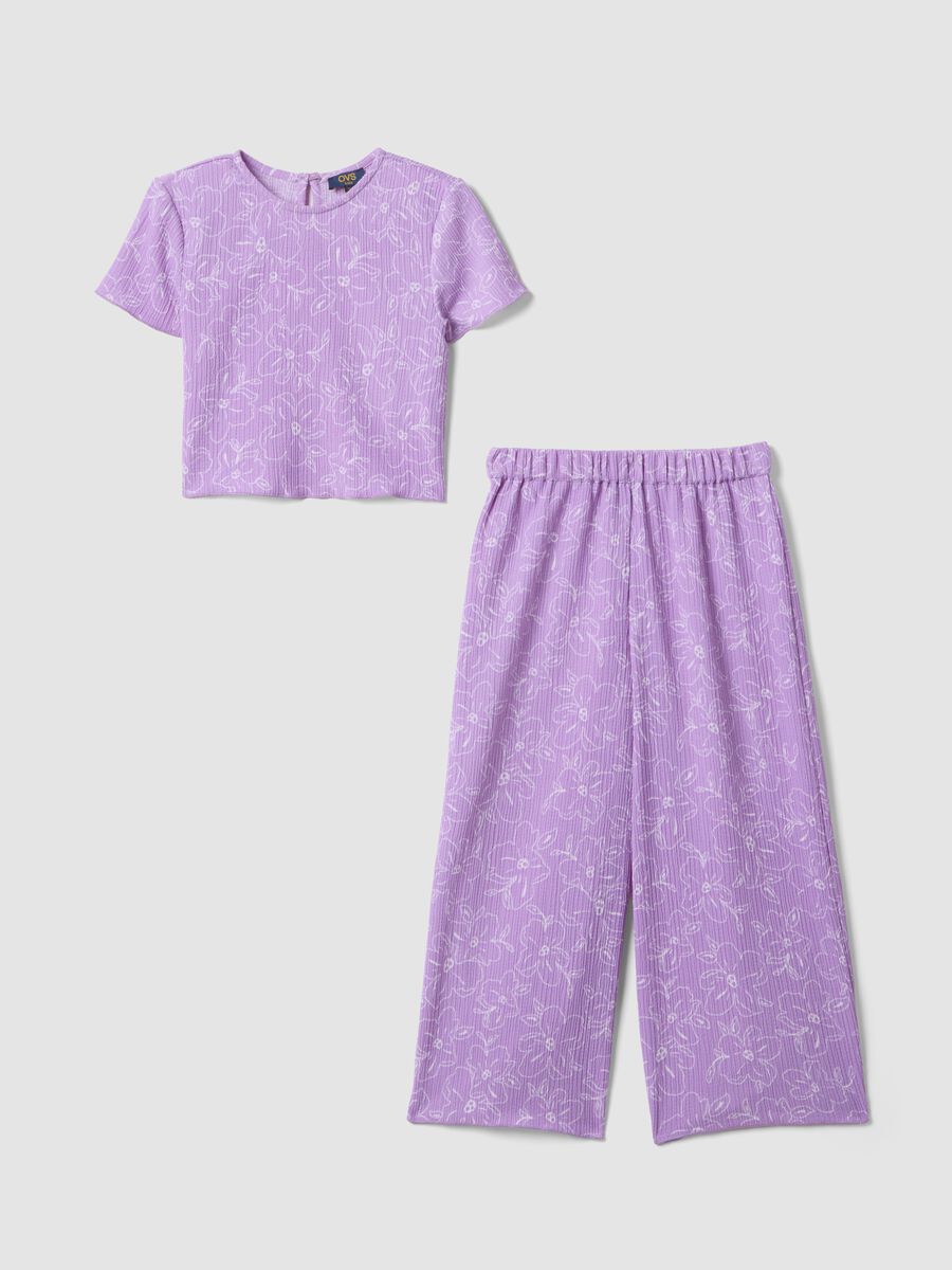 Set in tessuto elasticizzato viola da bambina con motivo floreale_0