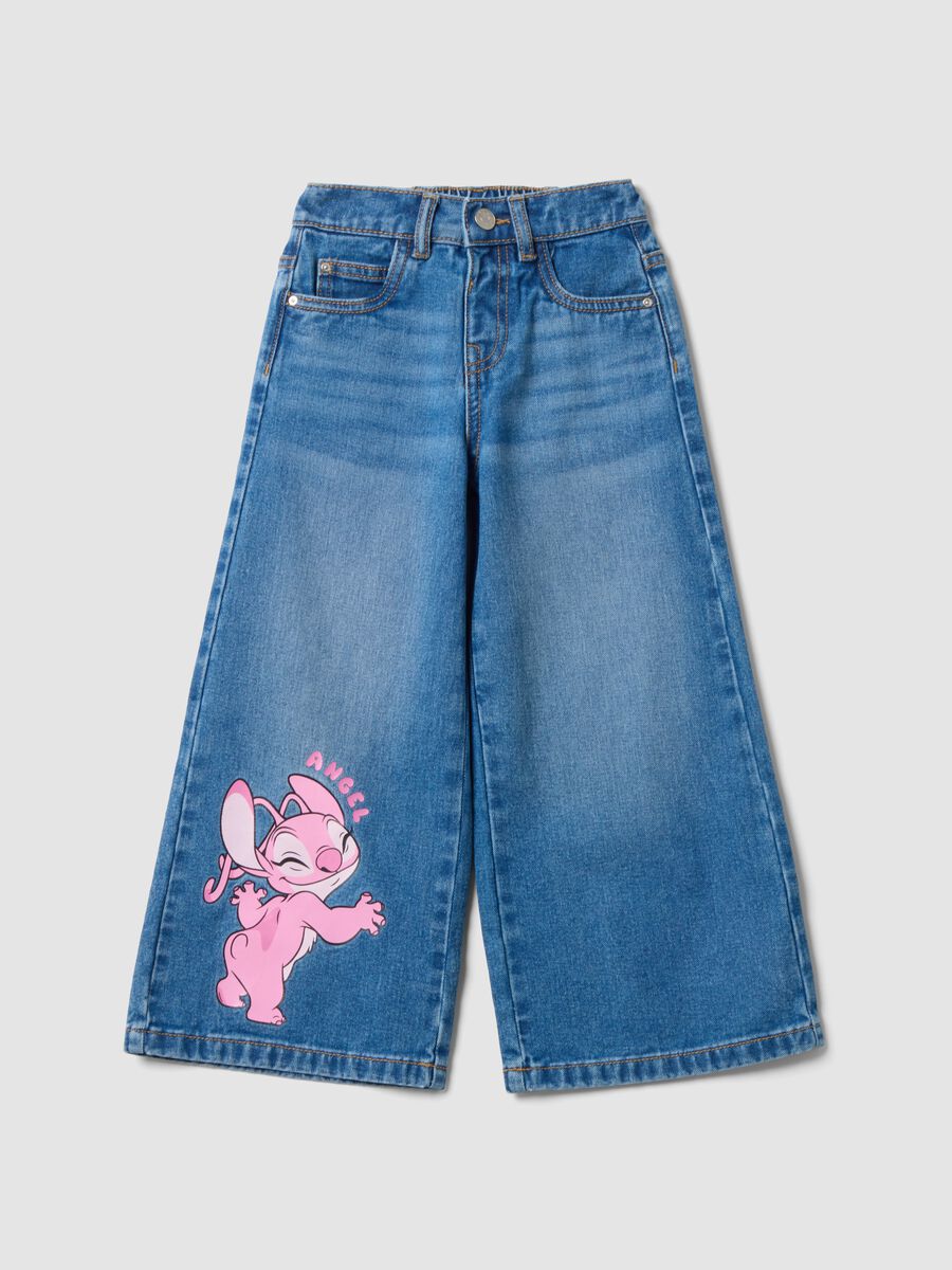 Blue pure cotton wide-leg denim jeans with Lilo & Stitch print for girls_0