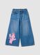 Blue pure cotton wide-leg denim jeans with Lilo & Stitch print for girls_0