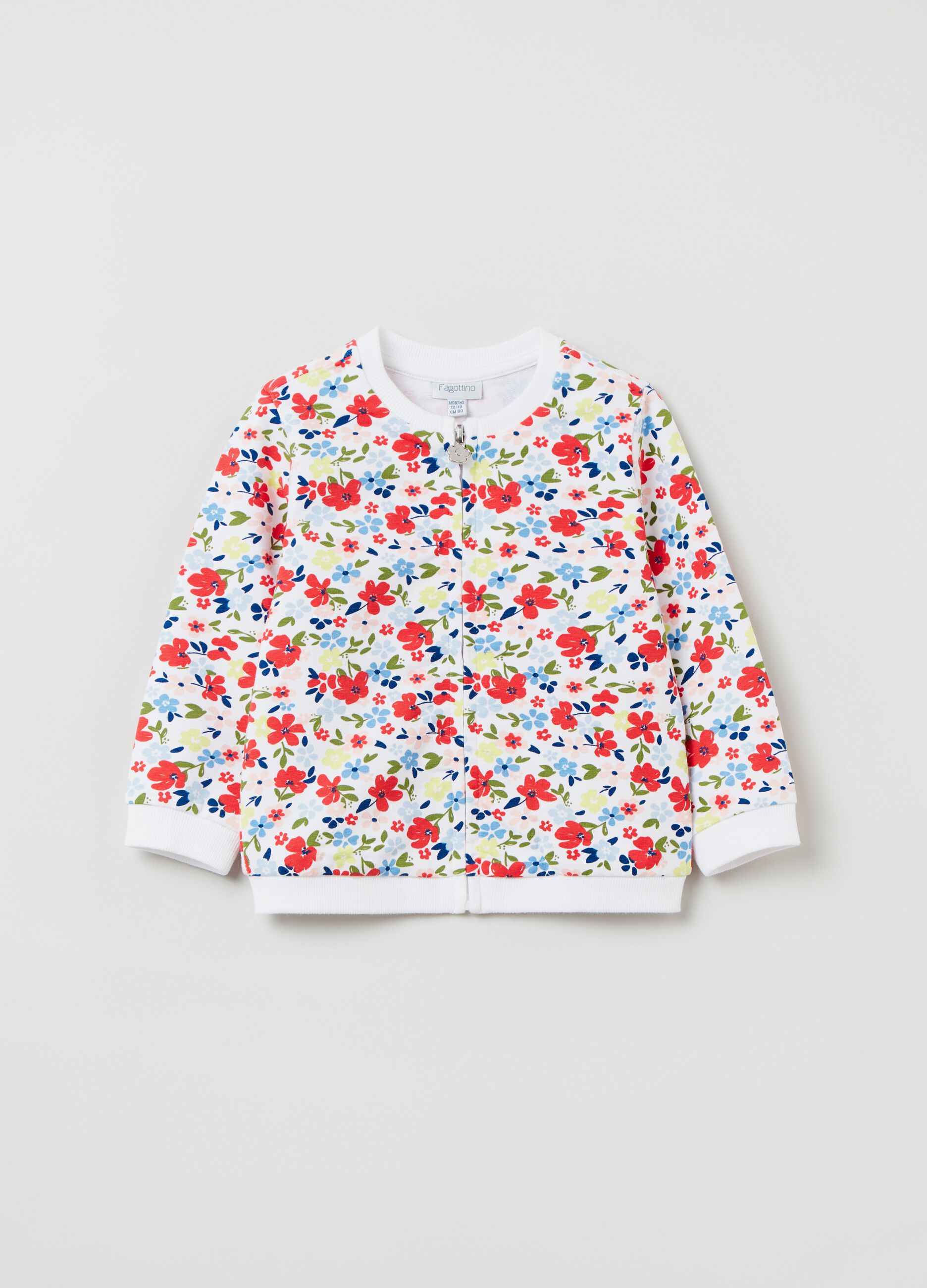 Stretch cotton full-zip sweatshirt with flowers print