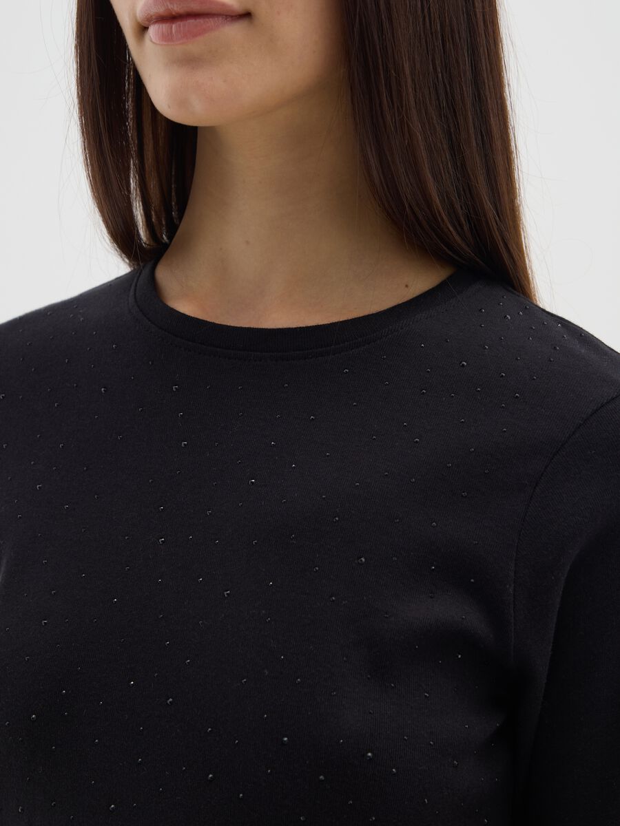Black long sleeve shirt in pure cotton regular fit with rhinestones_3