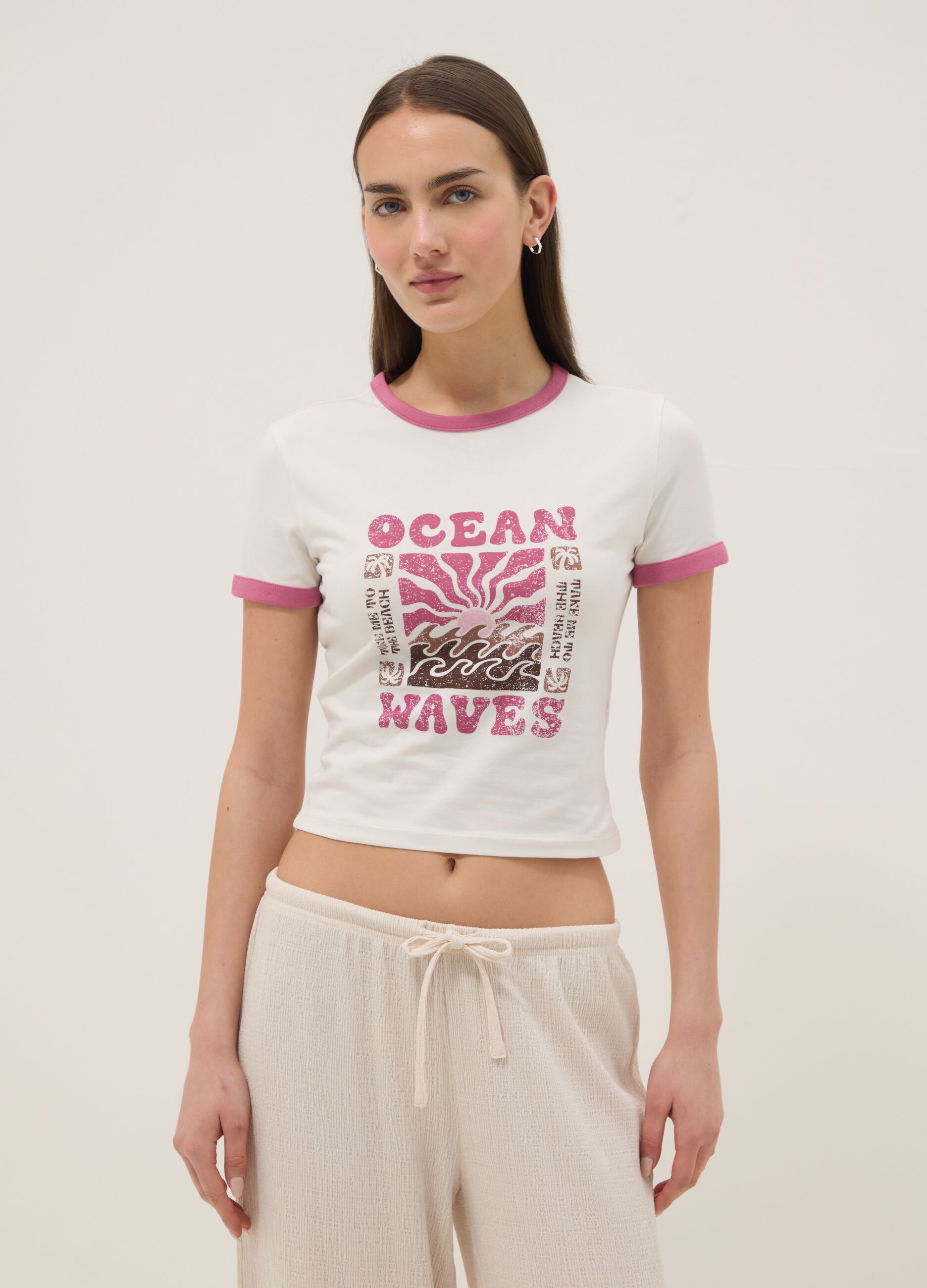 White regular-fit stretch cotton T-shirt with print