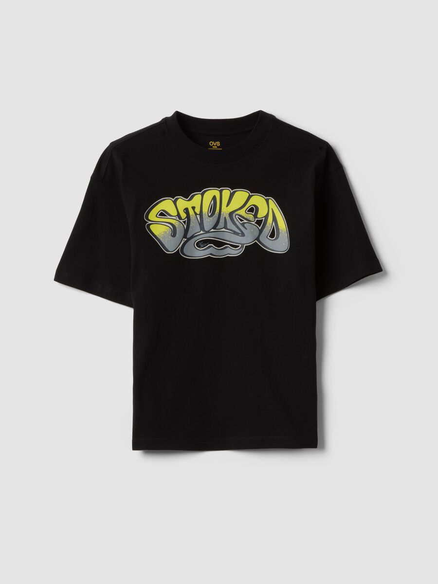 Black pure cotton T-shirt with front print_0