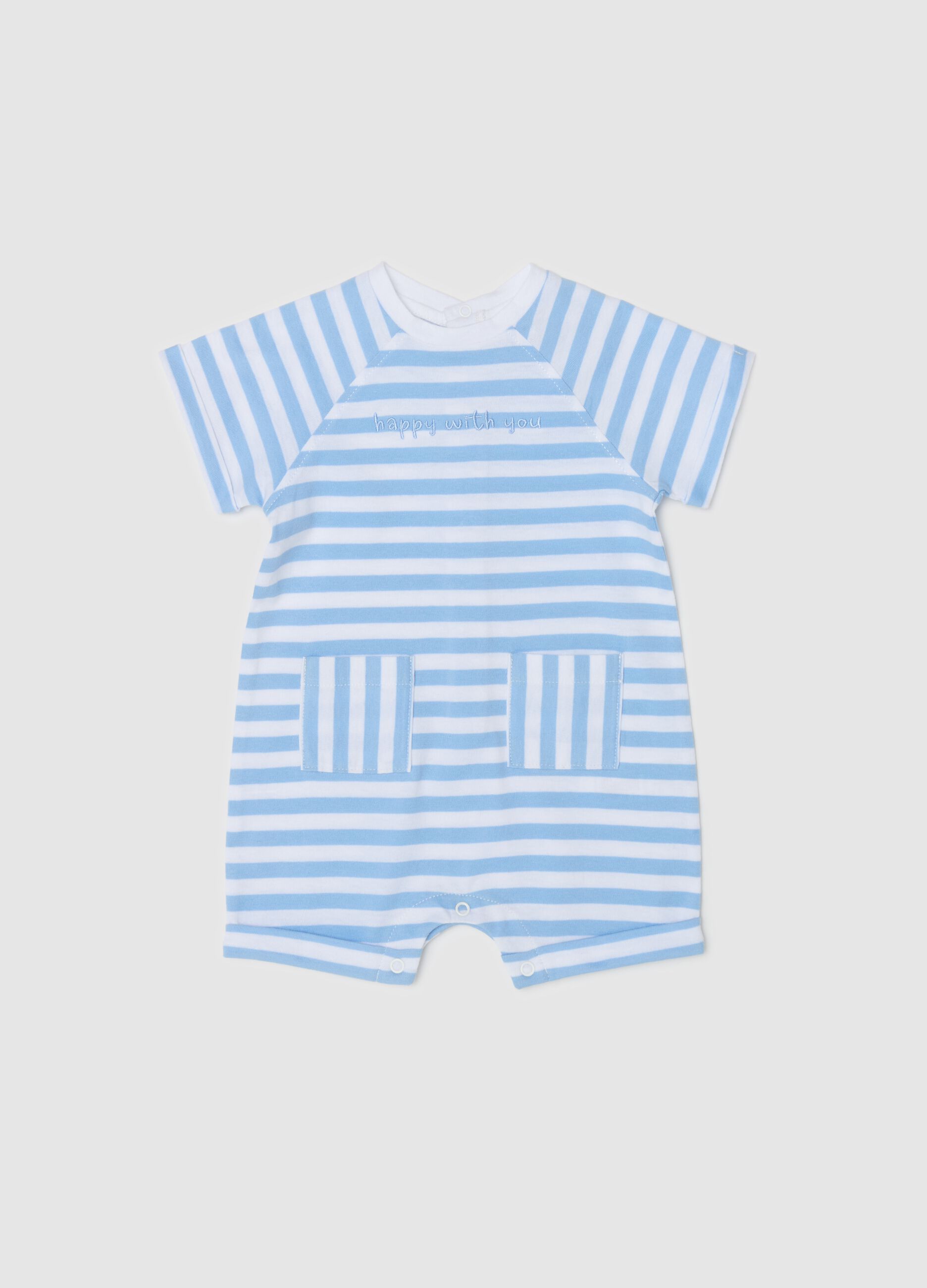 “Happy with you” striped cotton romper suit