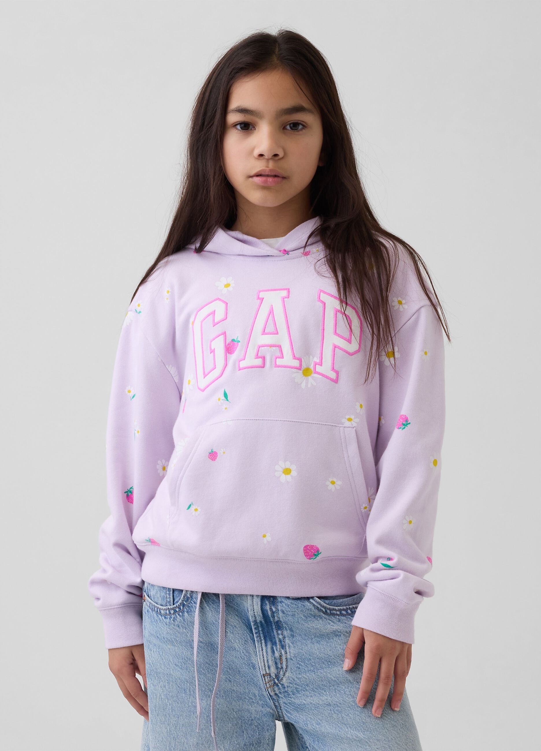 Girls' Purple Cotton Blend Sweatshirt with Floral Pattern