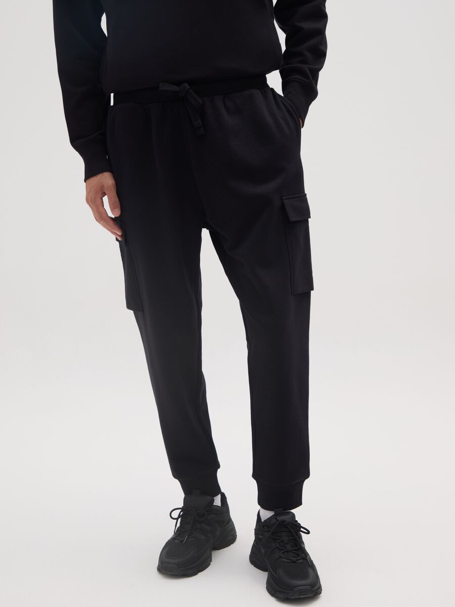 Black cotton blend cargo pants_1
