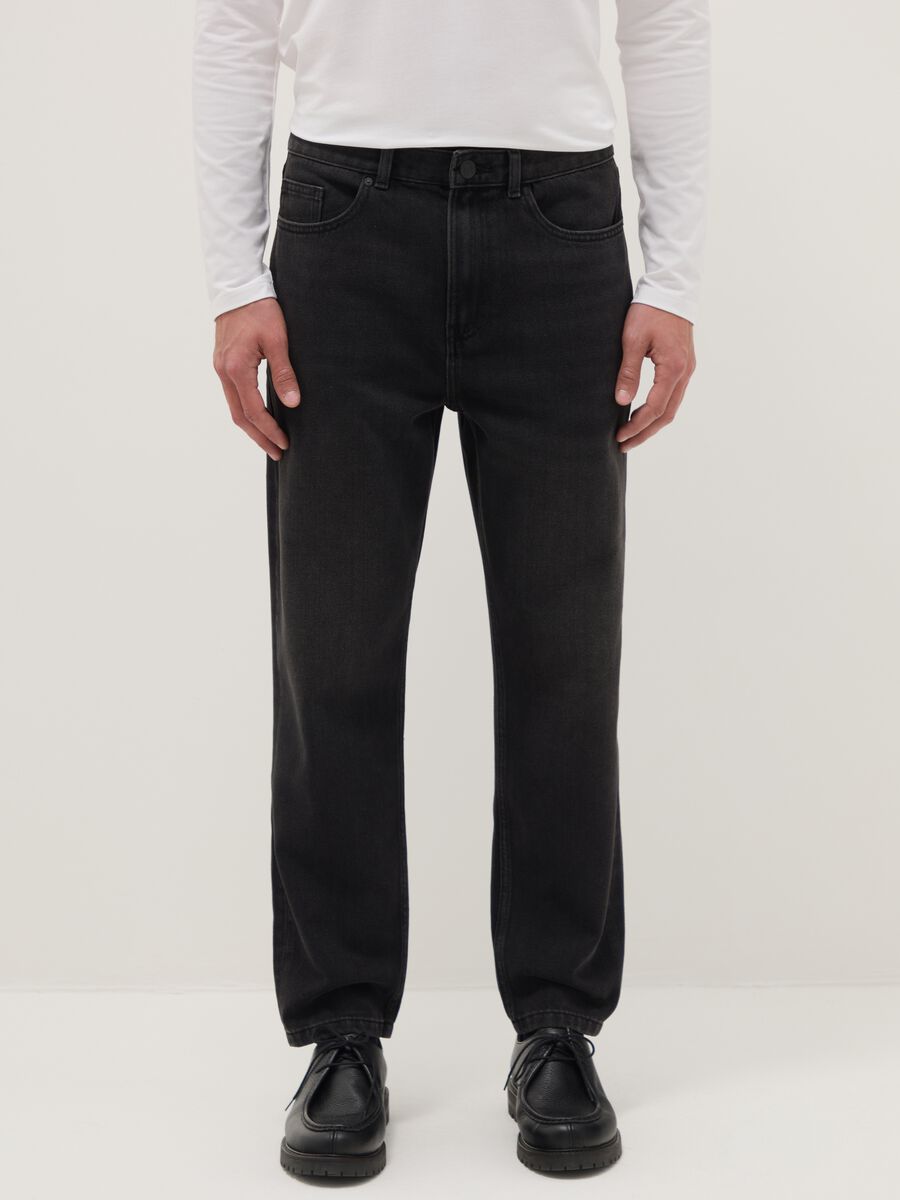 Black cotton blend jeans with regular tapered fit_1