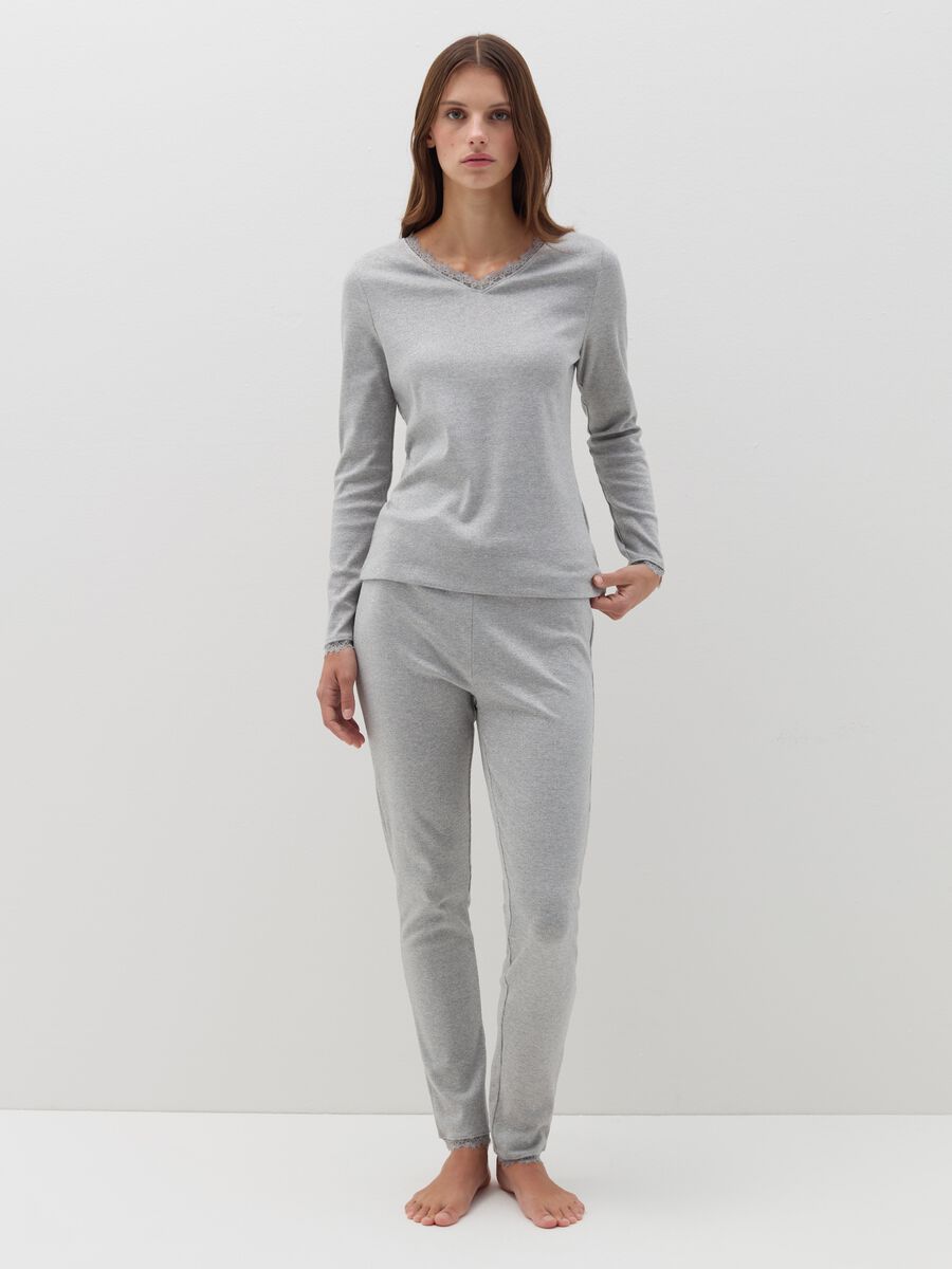 Full-length pyjamas with lurex and lace trim_0