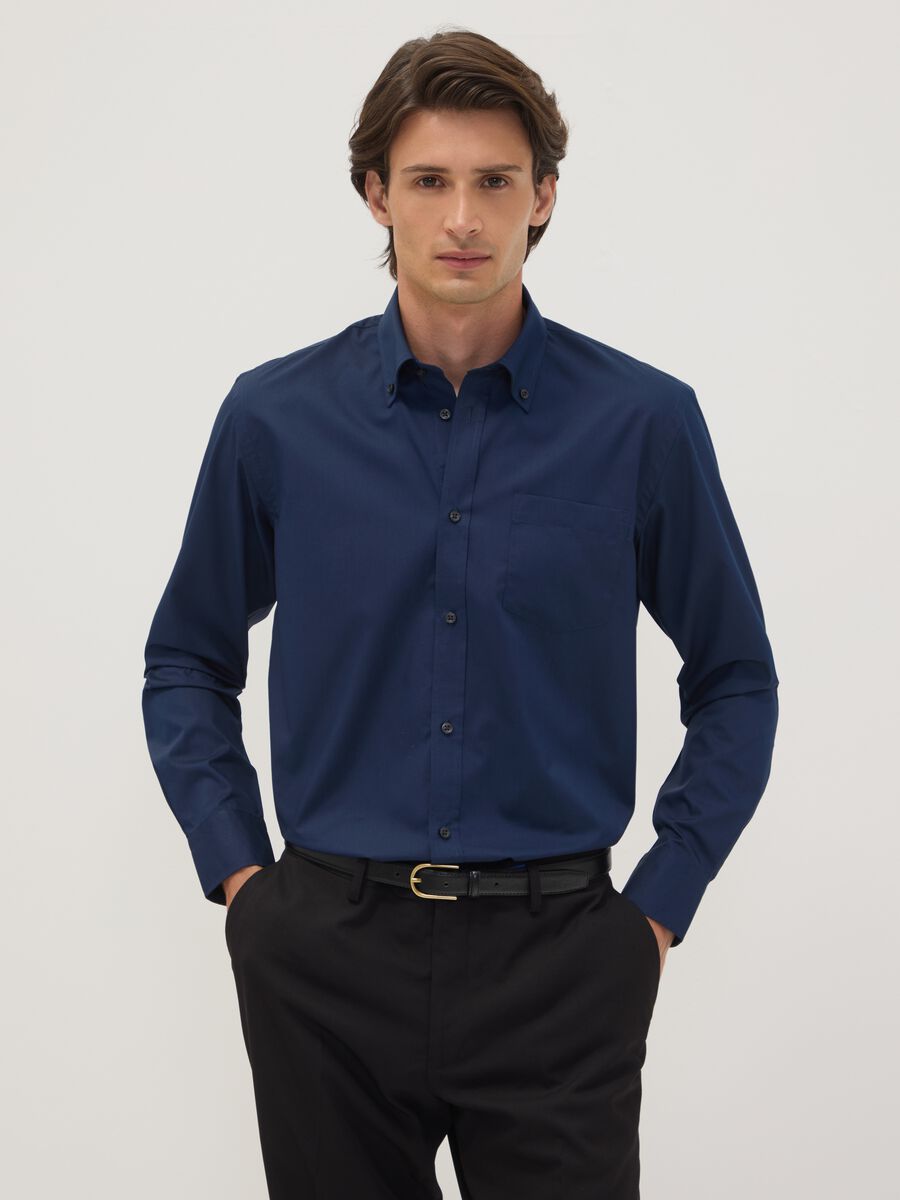 Camicia blu regular fit con collo button-down easy iron_0
