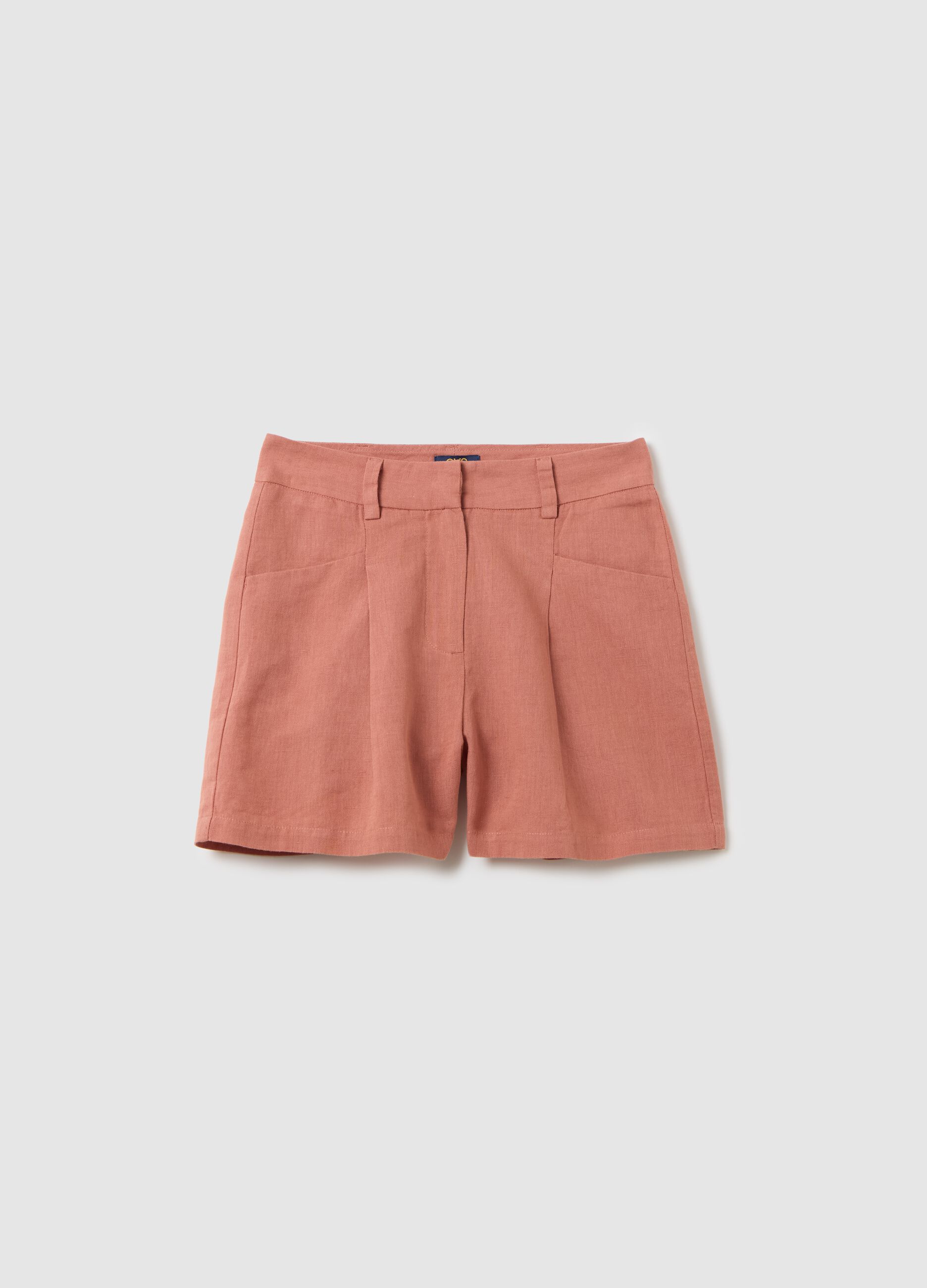 Girls' brown regular fit cotton and linen blend shorts with pockets
