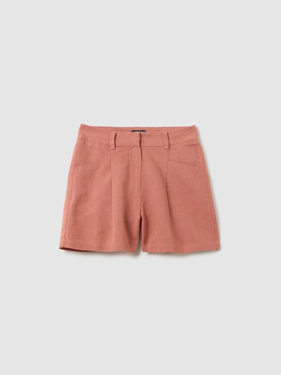 Girls' brown regular fit cotton and linen blend shorts with pockets_0