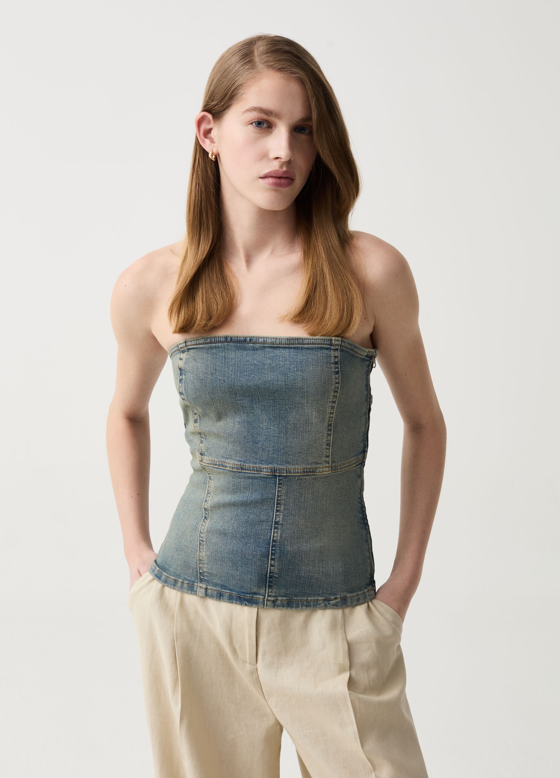 Denim top with sash neckline