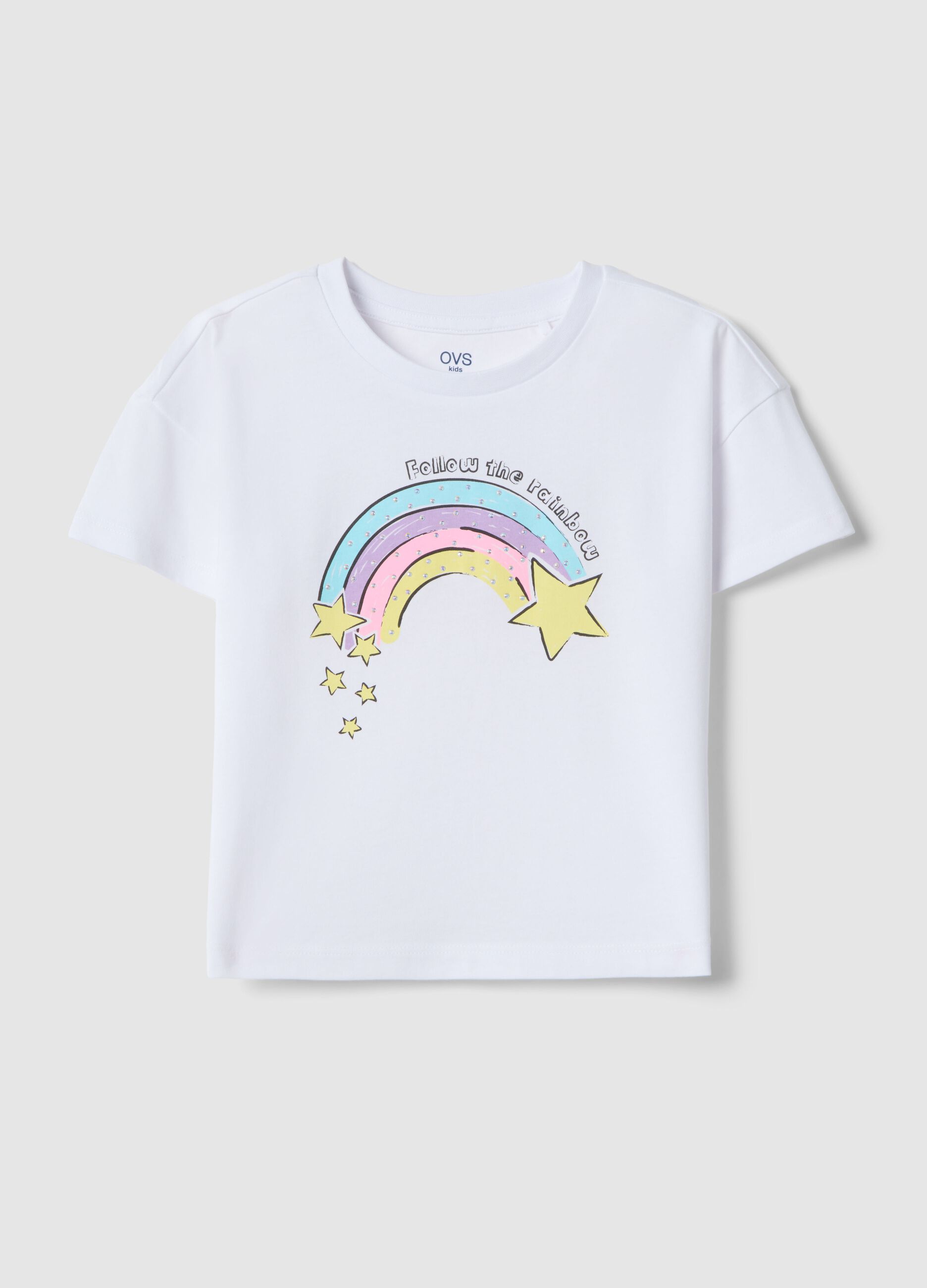 Girl's white pure cotton T-shirt regular fit with rainbow