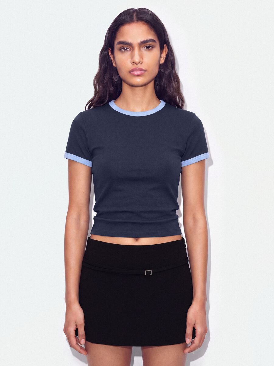 Blue stretch-cotton fitted T-shirt with contrast trims_0