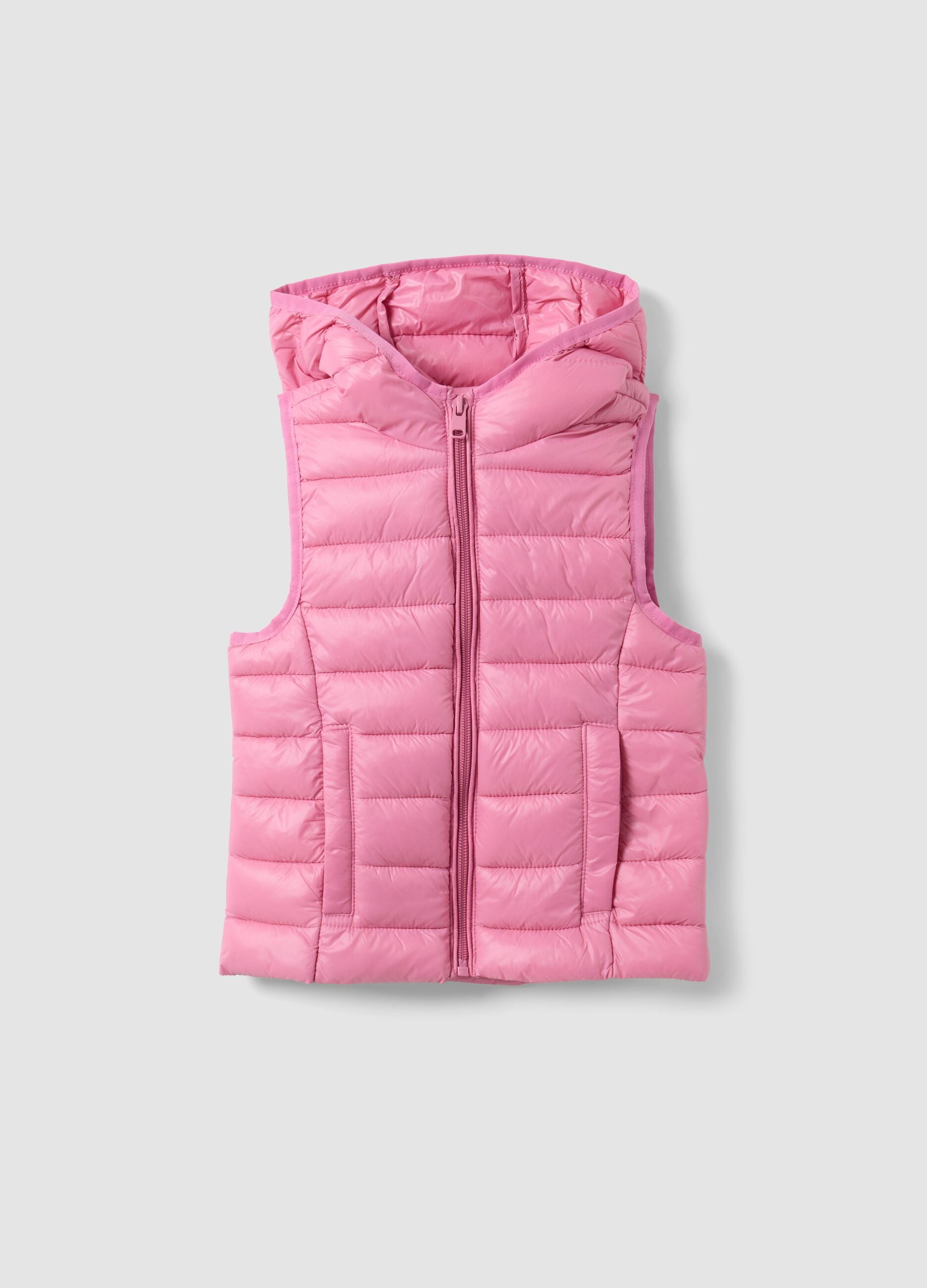 Pink padded ultralight gilet with hood and zip for girls