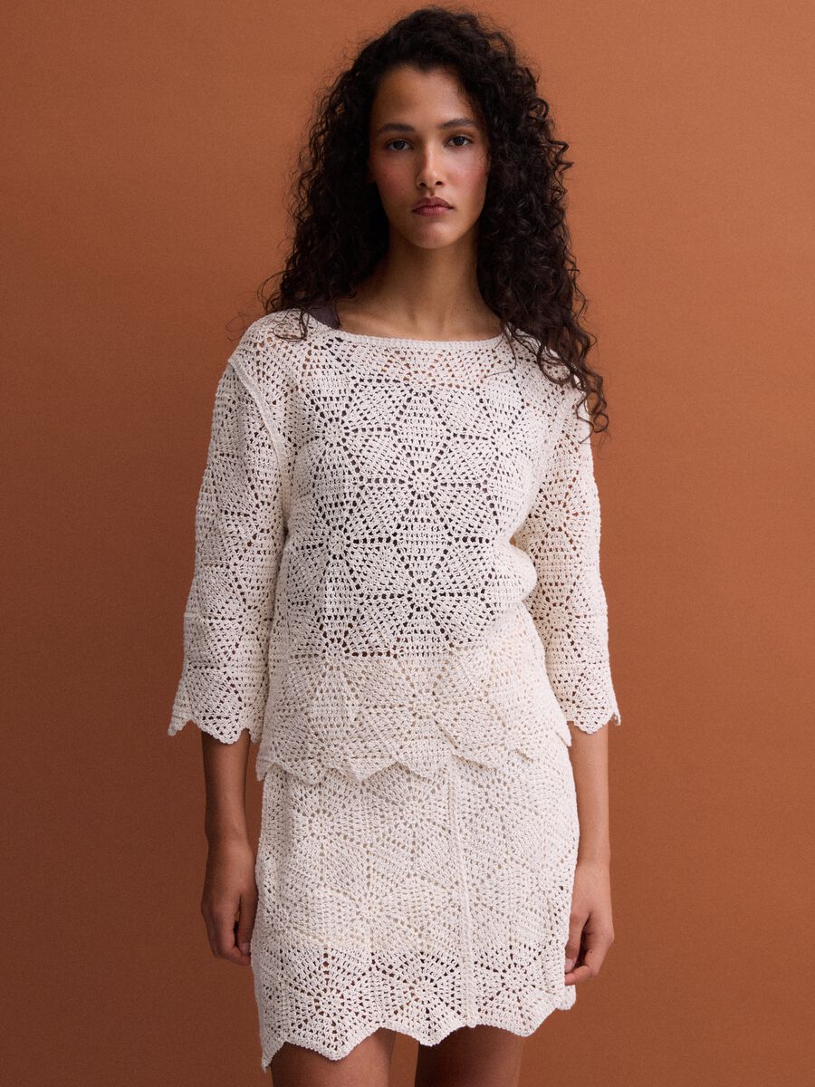 Beige pure cotton crochet T-shirt, regular fit_2