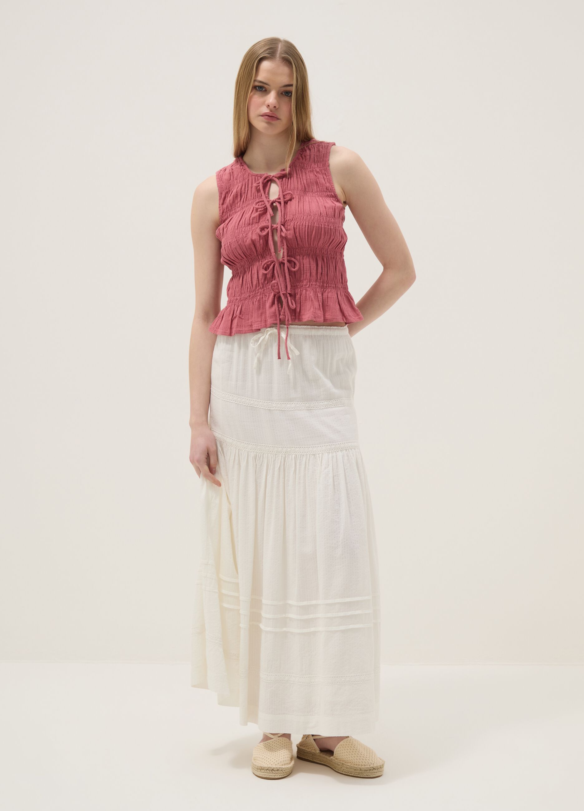 Pink pure cotton regular-fit blouse with bow fastenings